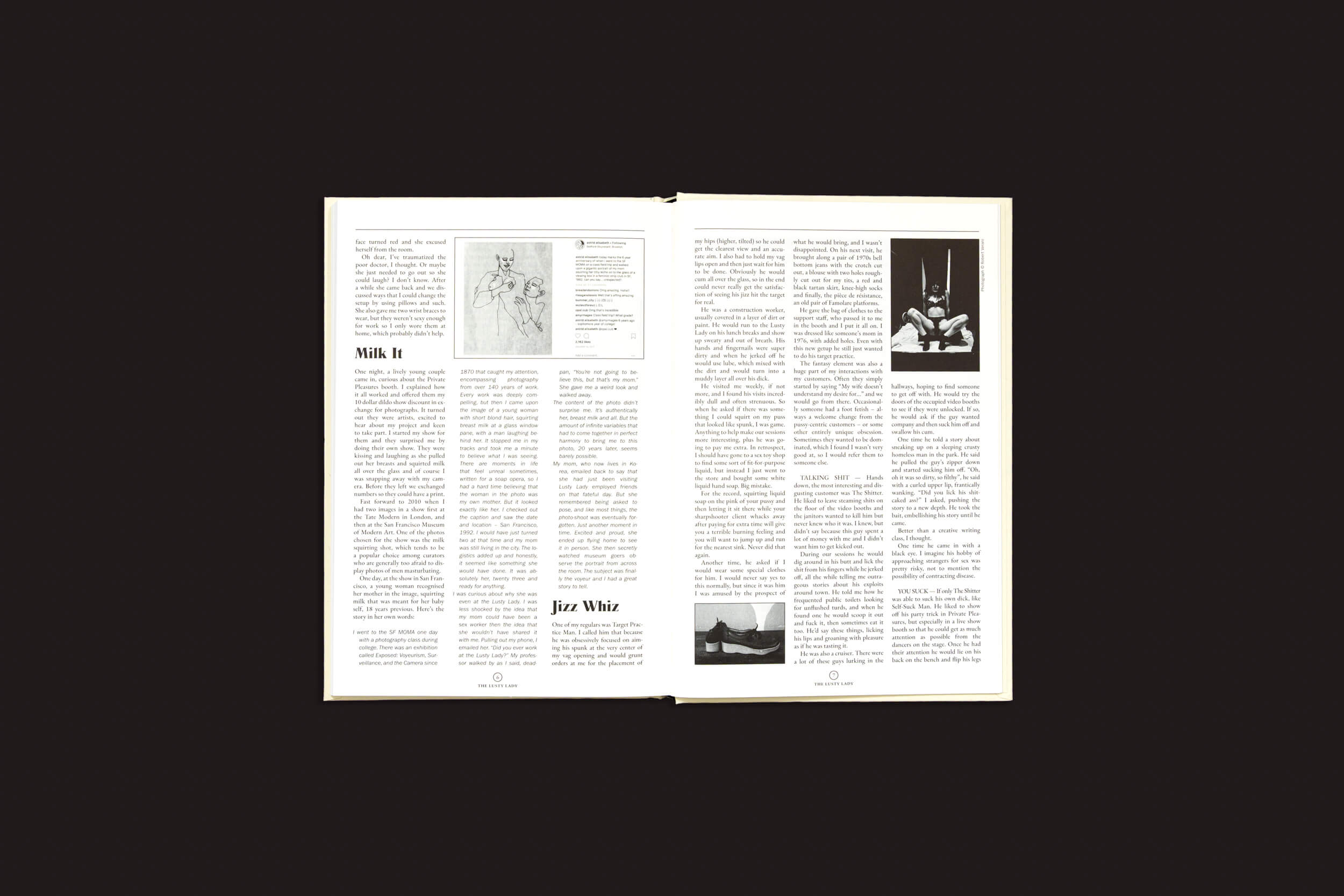 Uma revista aberta exibe duas páginas com imagens e texto. A página da esquerda destaca "Cammie Toloui: 5 Dólares por 3 Minutos", da Void, com uma ilustração, enquanto a da direita apresenta uma seção Jazz White com uma foto em preto e branco de um músico, ecoando o mundo expressivo do fotojornalismo. O fundo é preto.