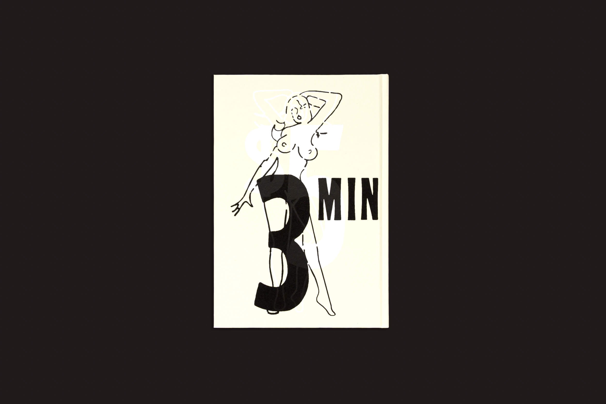 A capa do livro "Cammie Toloui: 5 Dólares por 3 Minutos", da Void, apresenta uma figura nua estilizada, personificando temas de masculinidade e sexualidade, sobre um fundo off-white. É parcialmente coberta por letras pretas em negrito e o número 3 MINUTE.