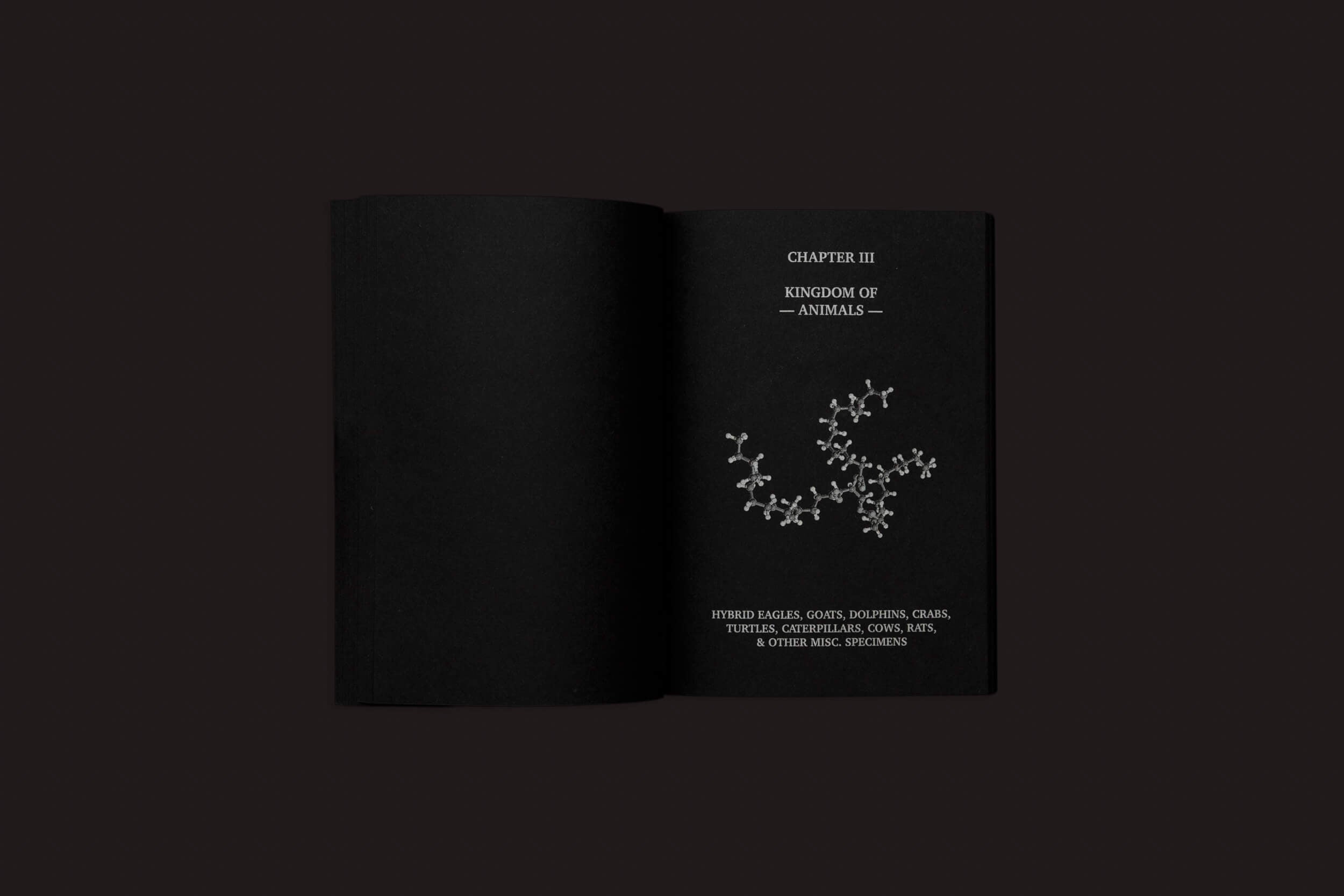 Em um fundo escuro, um livro aberto intitulado "Capítulo III Reino dos Animais" fica ao lado de pequenos modelos moleculares brancos e "Um Bestiário do Antropoceno" de Nicolas Nova & Disnovation.org da Set Margins', listando criaturas como águias, golfinhos e tartarugas — ecos de uma era pós-natural.