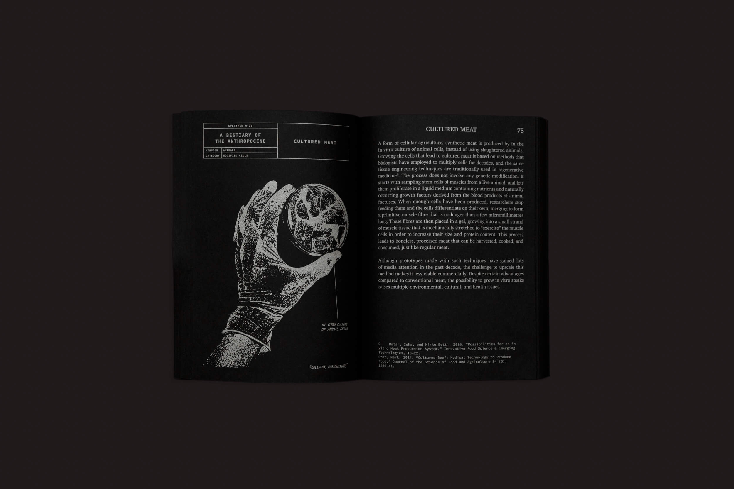 Um livro intitulado "Um Bestiário do Antropoceno: Nicolas Nova e Disnovation.org", da Set Margins, está aberto em uma página sobre "Carne Cultivada", com uma ilustração de uma mão segurando uma esfera semelhante a um globo, misturando temas de carne cultivada e espaço em um cenário escuro nesta era pós-natural.