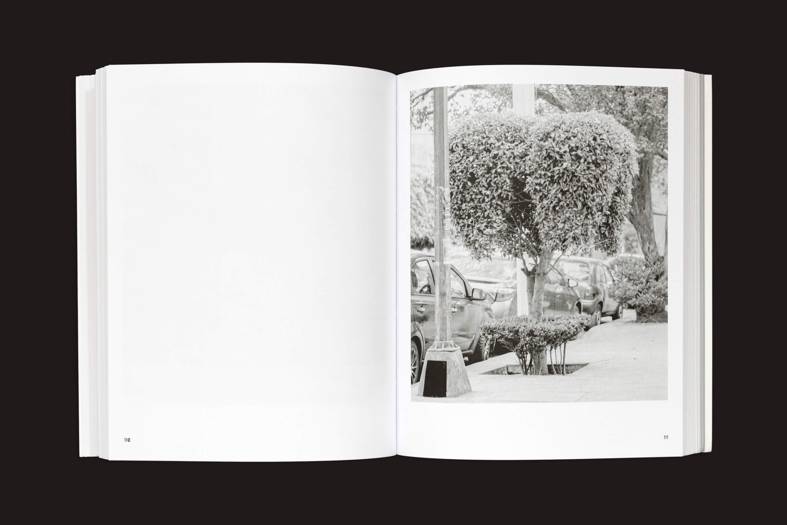 Uma cópia aberta de *Rubén Montesinos: A Guide on Gardening* da Handshake revela uma foto em preto e branco de uma paisagem urbana com topiário e carros estacionados, enquanto a página da esquerda está em branco.