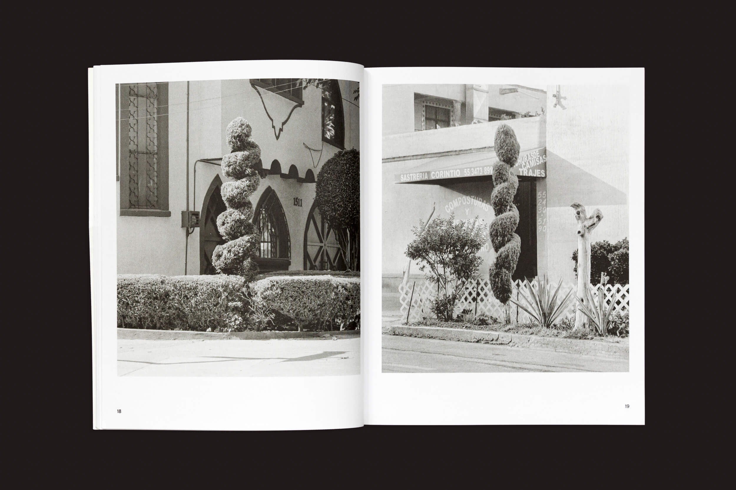 Em Rubén Montesinos: Um guia sobre jardinagem, uma foto em preto e branco ilustra a expressão cultural da arte topiária, com árvores em formato de espiral realçando a paisagem urbana; uma fica perto de uma janela e outra perto de uma cerca e de uma entrada.