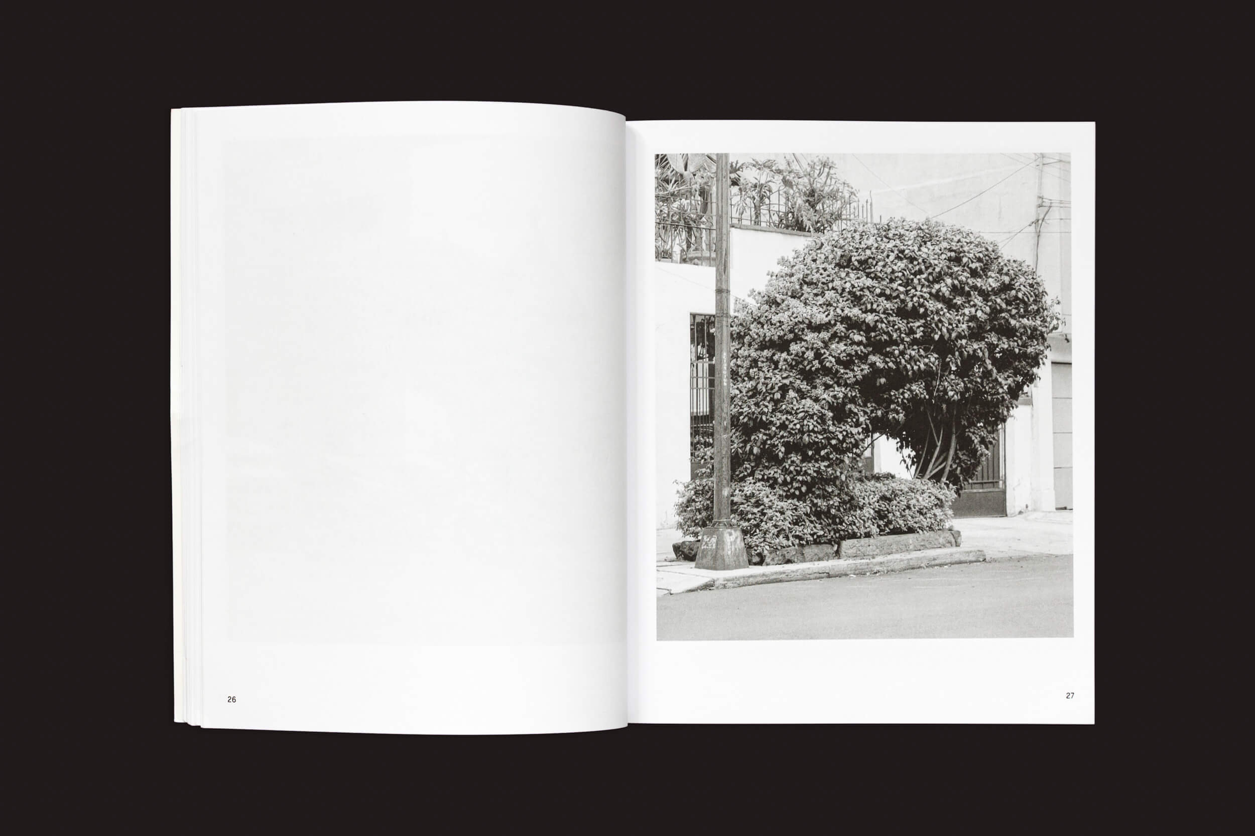 Uma cópia aberta de Rubén Montesinos: A Guide on Gardening da Handshake repousa sobre uma superfície escura, exibindo uma foto em preto e branco de um grande arbusto arredondado próximo a uma calçada na página 27, destacando a arte topiária em paisagens urbanas. A página da esquerda permanece em branco.