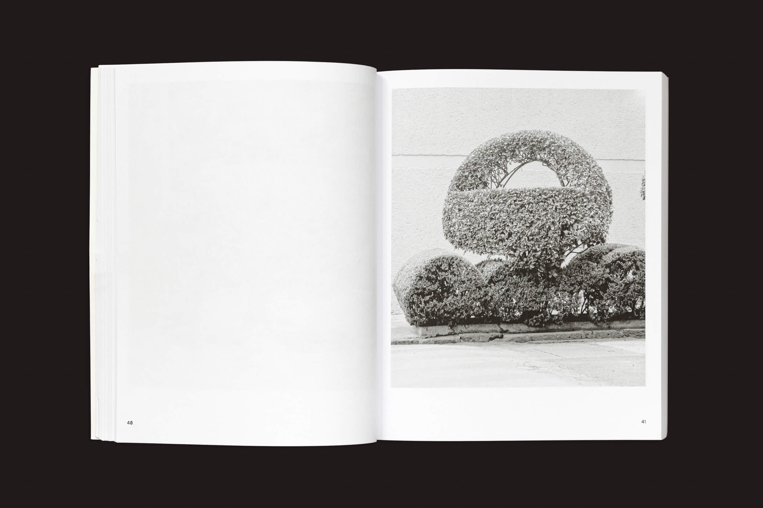 Um livro aberto, Rubén Montesinos: A Guide on Gardening da Handshake, exibe uma foto em preto e branco de arte topiária com sebes moldadas em formas geométricas como círculos e semicírculos contra uma parede simples. As páginas ficam sobre uma superfície escura, capturando a essência da paisagem urbana.