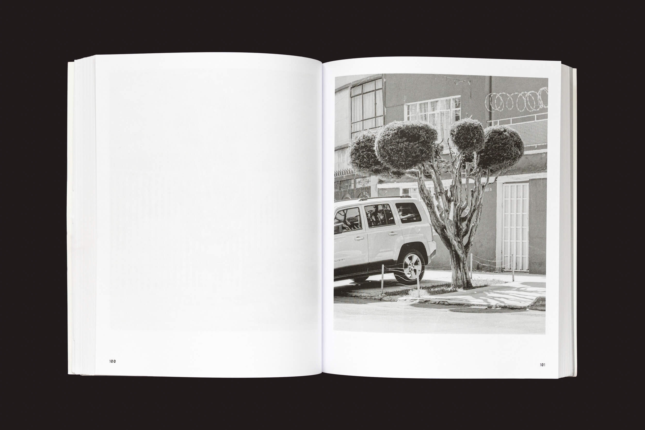 Uma cópia aberta de Rubén Montesinos: A Guide on Gardening da Handshake está em uma superfície escura, mostrando uma foto de paisagem urbana em preto e branco apresentando um SUV perto de uma árvore topiária perto de um prédio com topo de arame farpado. A página oposta em branco convida a mais expressão cultural.