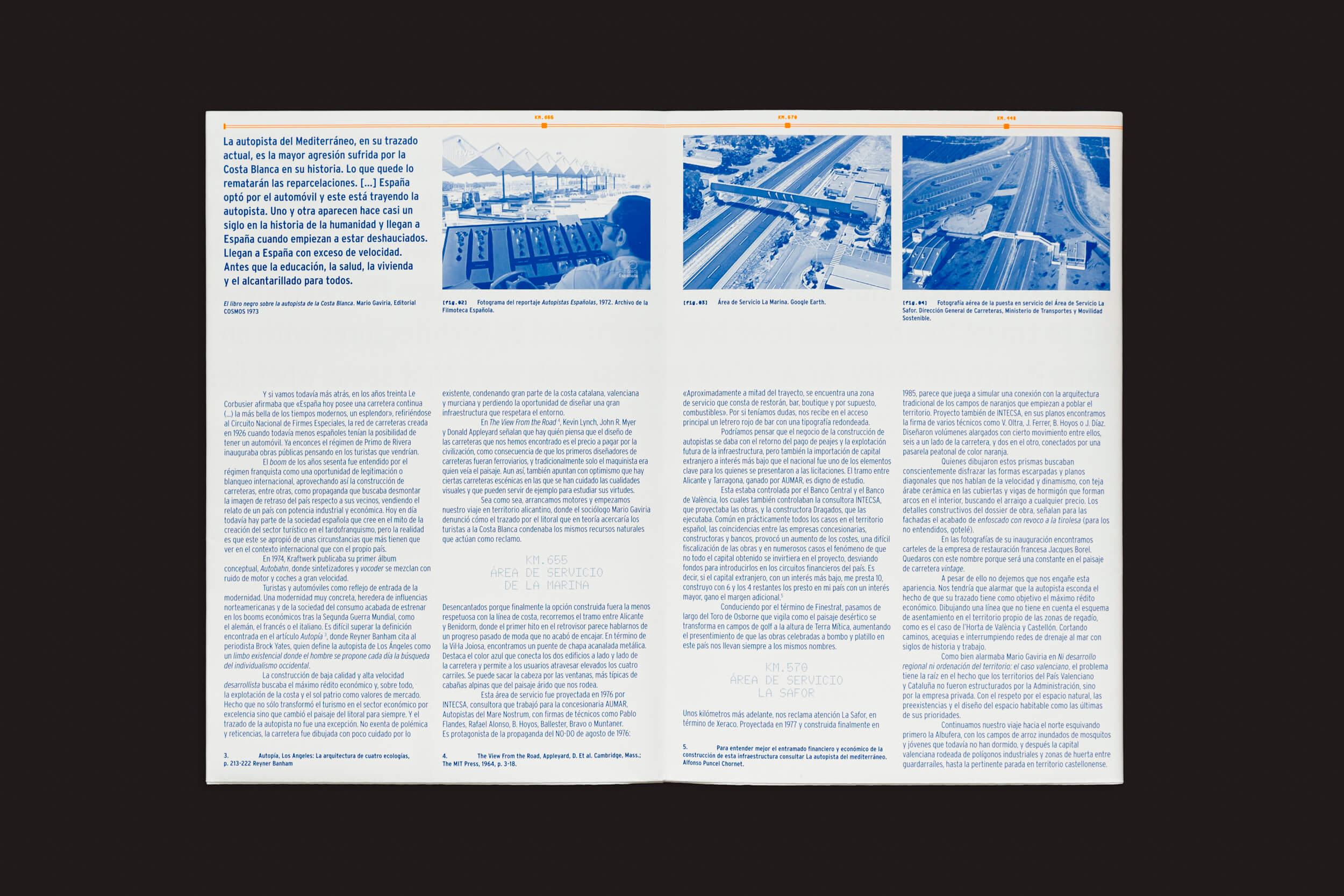 O layout de revista de página dupla da Handshake apresenta Maria Aucejo: AP-7 Roadtrip, com texto e três pequenas fotos aéreas da rodovia AP-7 na Espanha, tingidas de azul. Os números de página 18 e 19 estão nos cantos superiores.