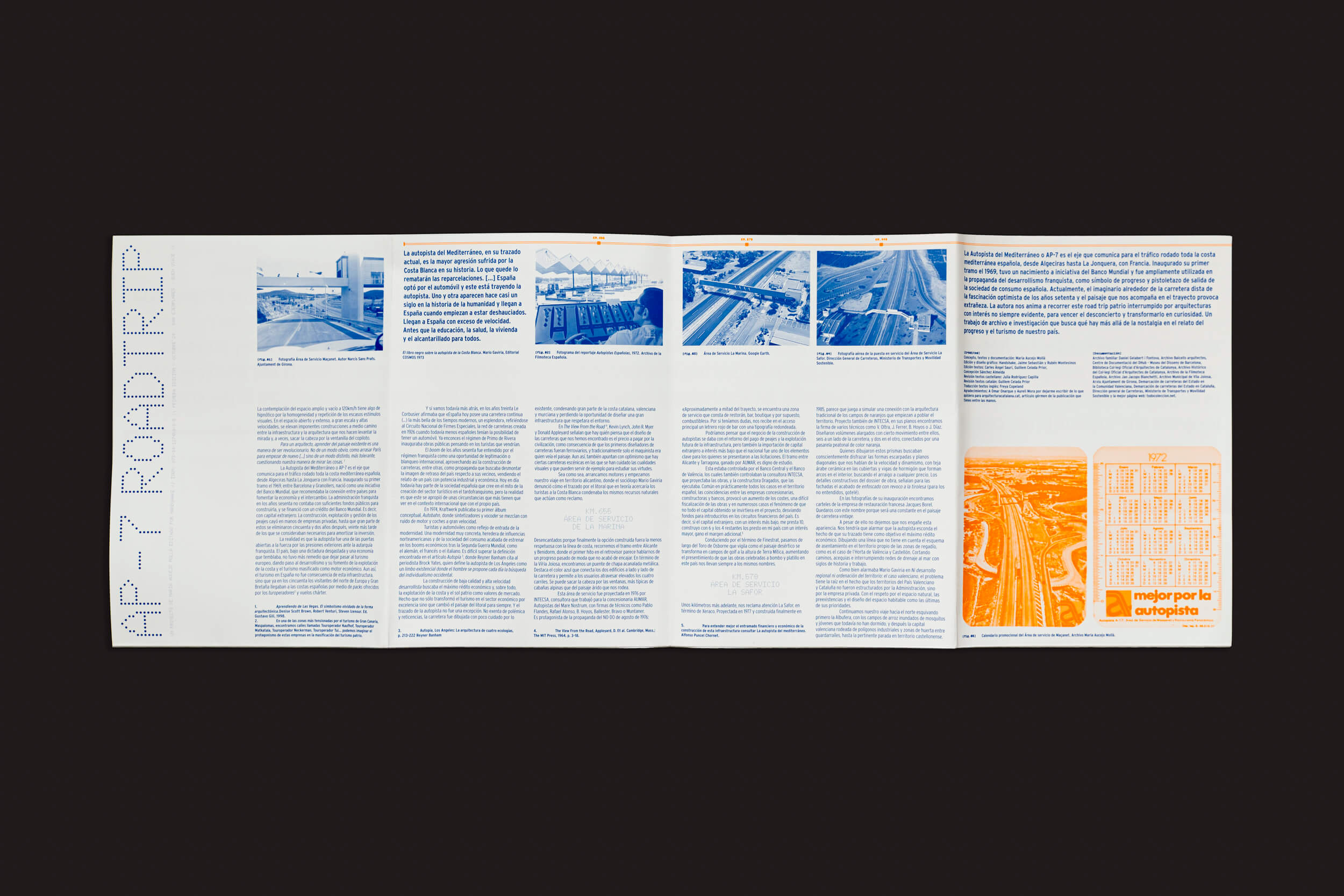 O folheto dobrado Maria Aucejo: AP-7 Roadtrip da Handshake apresenta recursos visuais em azul e laranja com um mapa à direita, oferecendo conteúdo envolvente sobre como viajar pela Autoestrada Mediterrânea (AP-7) com fotos vibrantes que capturam a essência da Espanha.