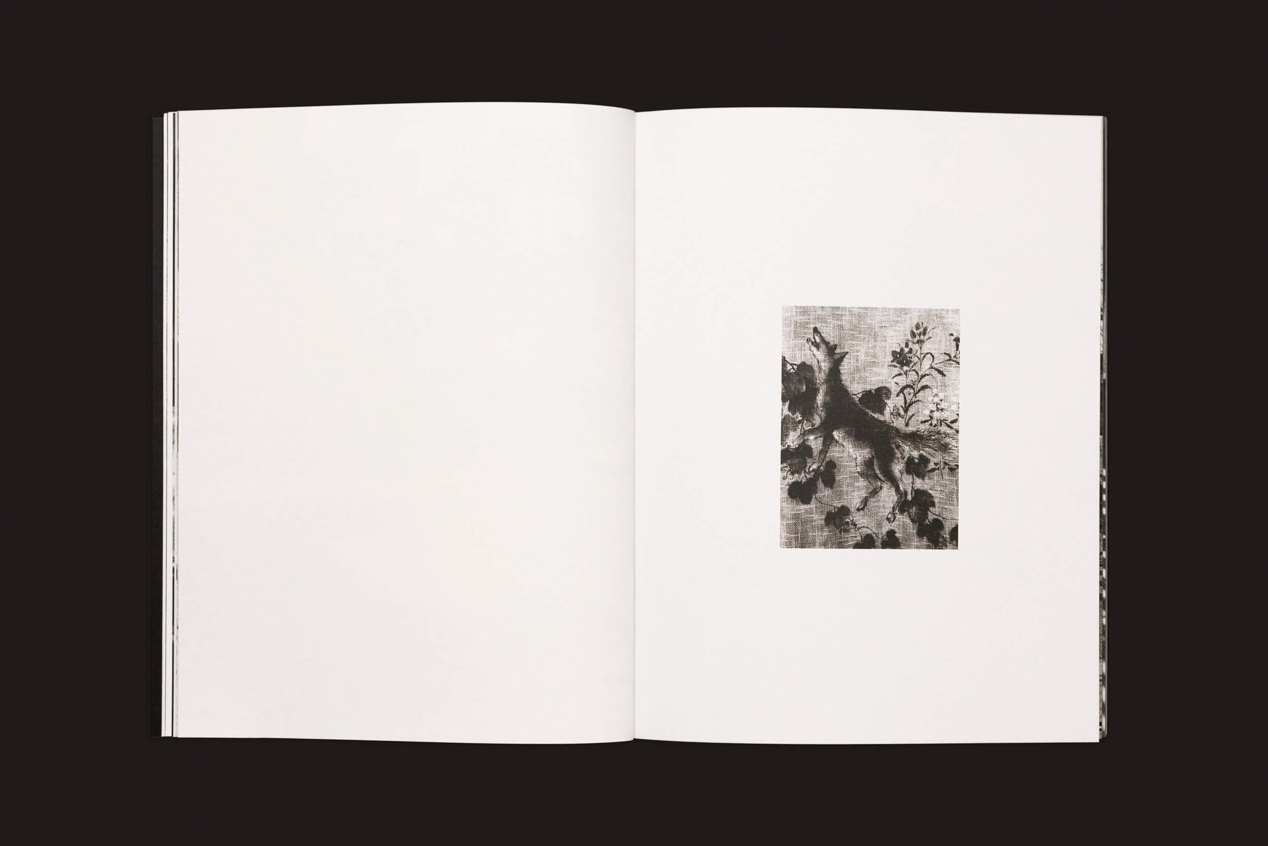 O livro Layla Motta: Ainda há um longo caminho até minha casa, de Selo Turvo, tem um fundo escuro. A página direita traz uma ilustração floral abstrata em preto e branco, celebrando silenciosamente a serenidade do Japão, enquanto a página esquerda em branco reflete o tema da travessia emocional.