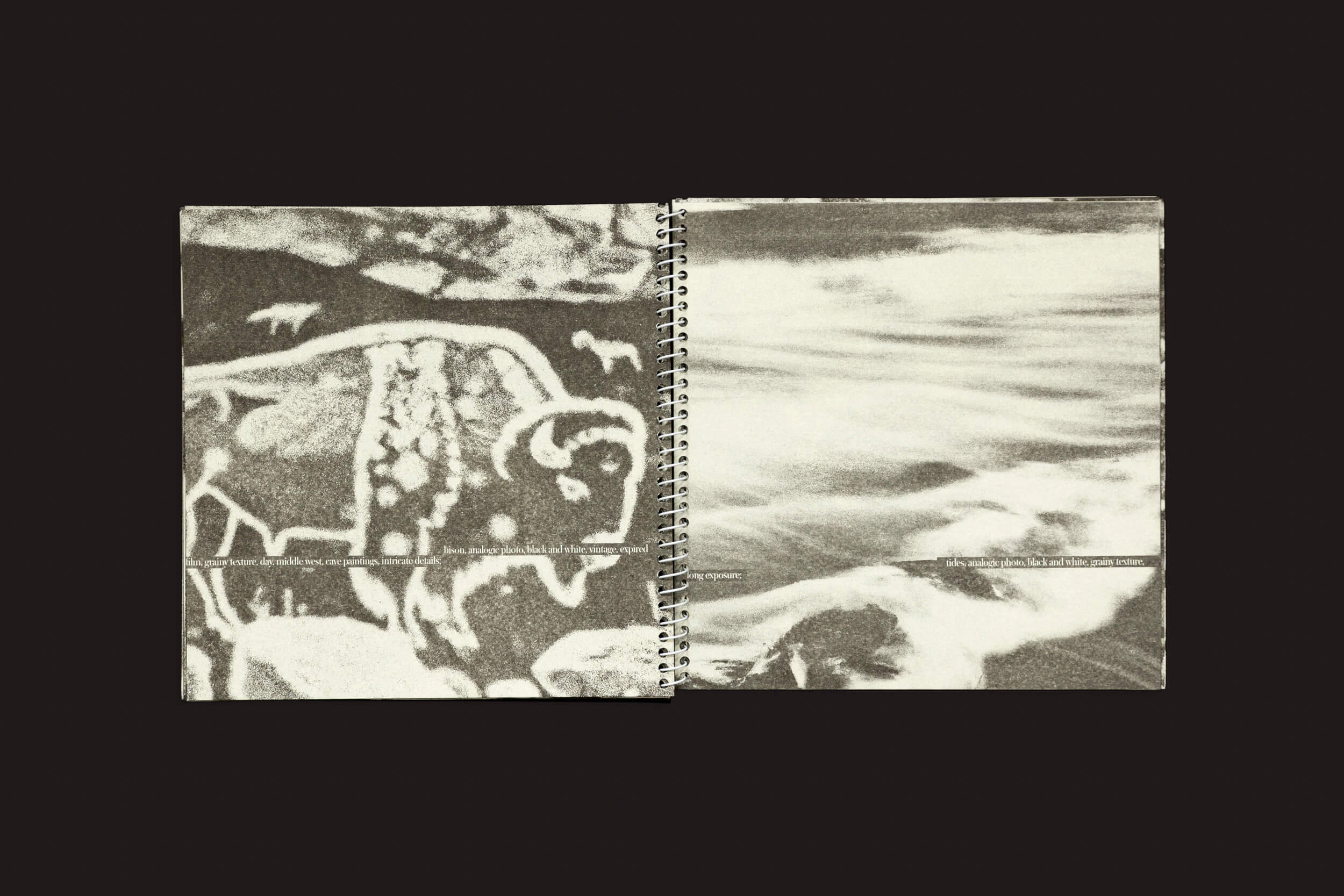 O caderno espiral Juan Manuel Lara: Aleph-2 da SED Editorial apresenta uma arte abstrata e monocromática. Um búfalo renderizado com a precisão de Dall E 2 enfeita a página esquerda, enquanto a direita exibe um padrão fluido semelhante à água ou nuvens contra um fundo preto sólido, exibindo uma criatividade de IA impressionante.