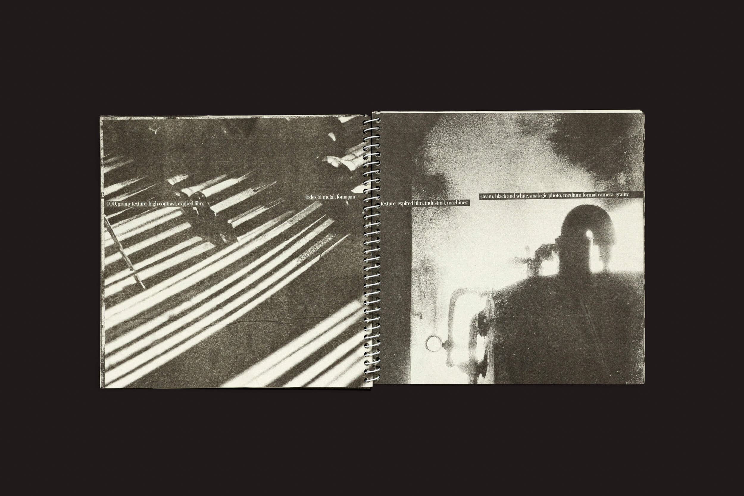 Um livreto encadernado em espiral, Juan Manuel Lara: Aleph-2 da SED Editorial, revela duas imagens abstratas em preto e branco. A página da esquerda apresenta um padrão em forma de escada que lembra Aleph moderno, enquanto a da direita mostra uma figura sombria — descrita em imagens descritas com texto parcialmente visível.