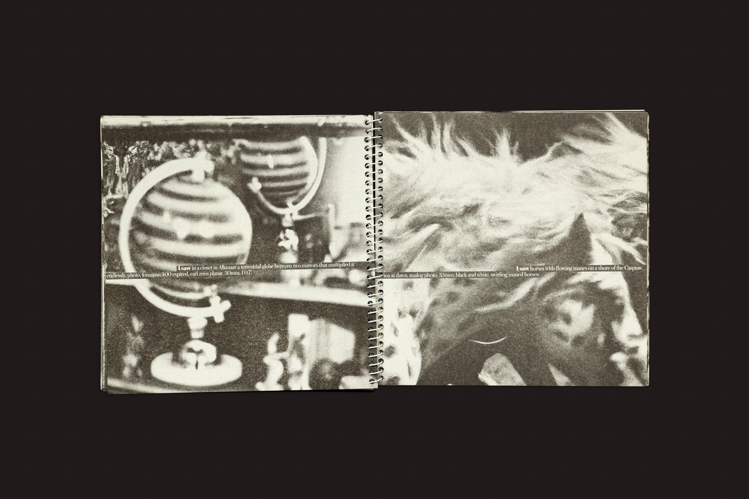 Um livro aberto encadernado em espiral da SED Editorial, Juan Manuel Lara: Aleph-2, exibe duas páginas cativantes. A da esquerda apresenta uma imagem em preto e branco de um globo entre objetos, e a da direita exibe uma figura abstrata e desfocada, ambas lembrando imagens geradas por IA com sobreposições de texto.