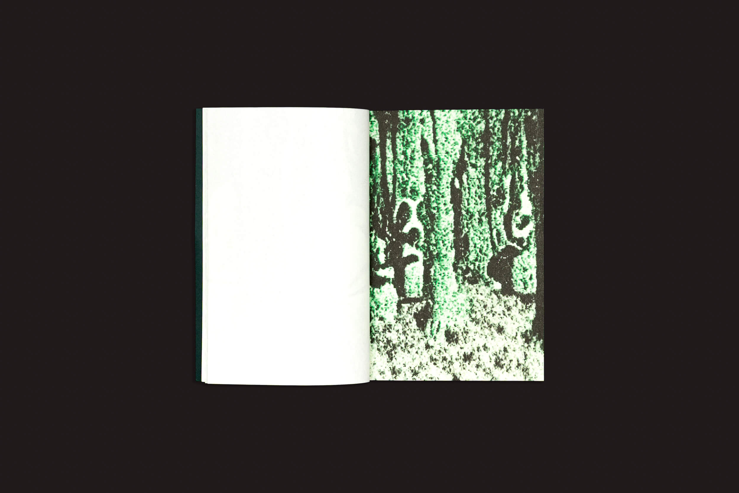 Pierre La Police: Another Green World, da Fidéle Editions, apresenta um livro aberto com uma página esquerda em branco e uma página direita exibindo uma impressionante arte risográfica em preto e verde de figuras humanas abstratas em uma floresta.