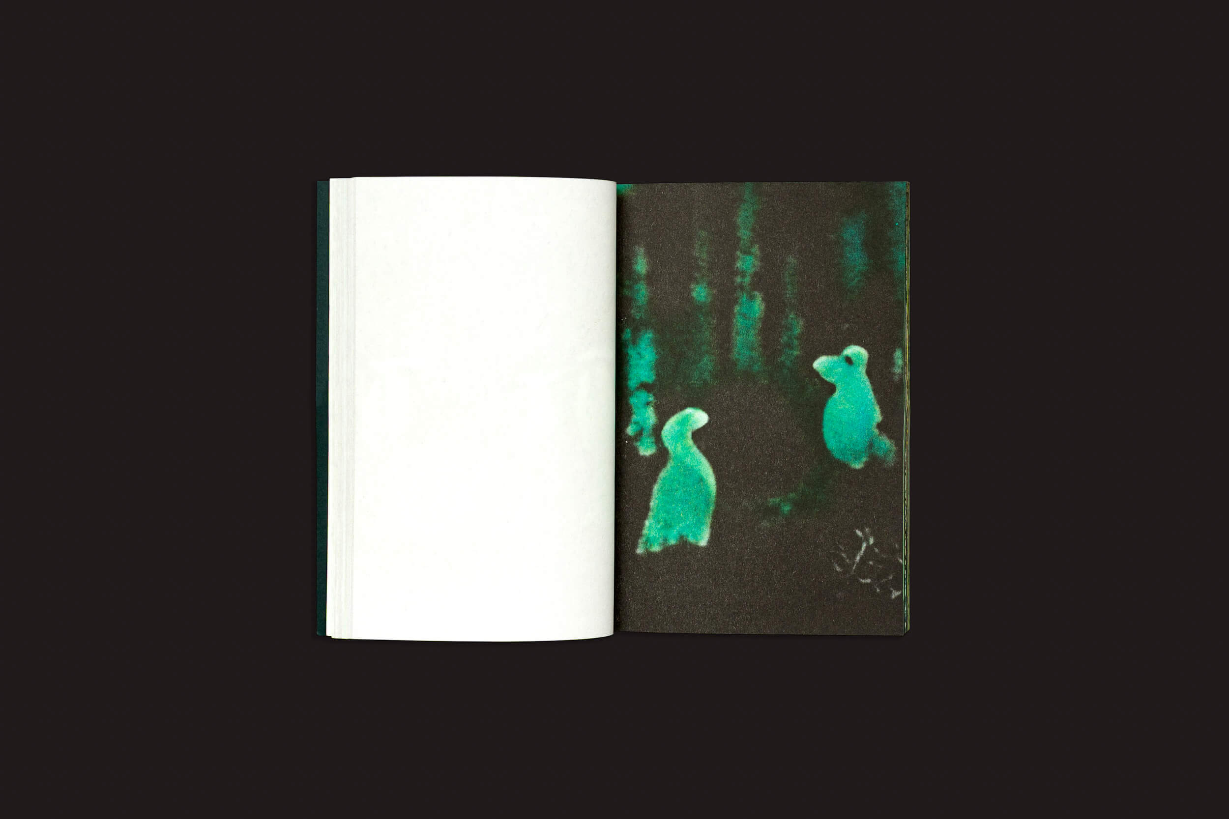 “Pierre La Police: Another Green World, da Fidéle Editions, apresenta um livro aberto sobre um fundo escuro; uma página está em branco, enquanto a outra mostra uma floresta sombria com três figuras verdes brilhantes, evocando uma profunda conexão sensorial.”.