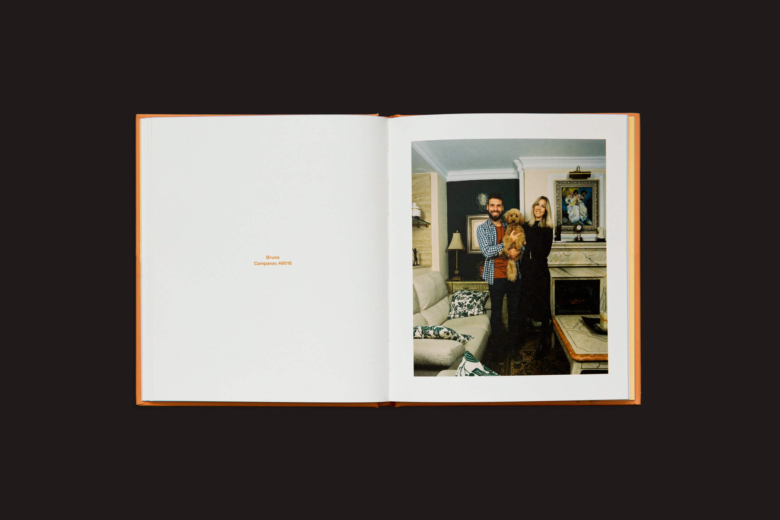 Um retrato de família com dois adultos, uma criança e um Laura Leal Apricot Poodle por Handshake é revelado na página direita de um livro aberto. A página esquerda diz Dream Complex AE03 em texto pequeno contra um fundo gradiente escuro, enfatizando este instantâneo da dinâmica social.