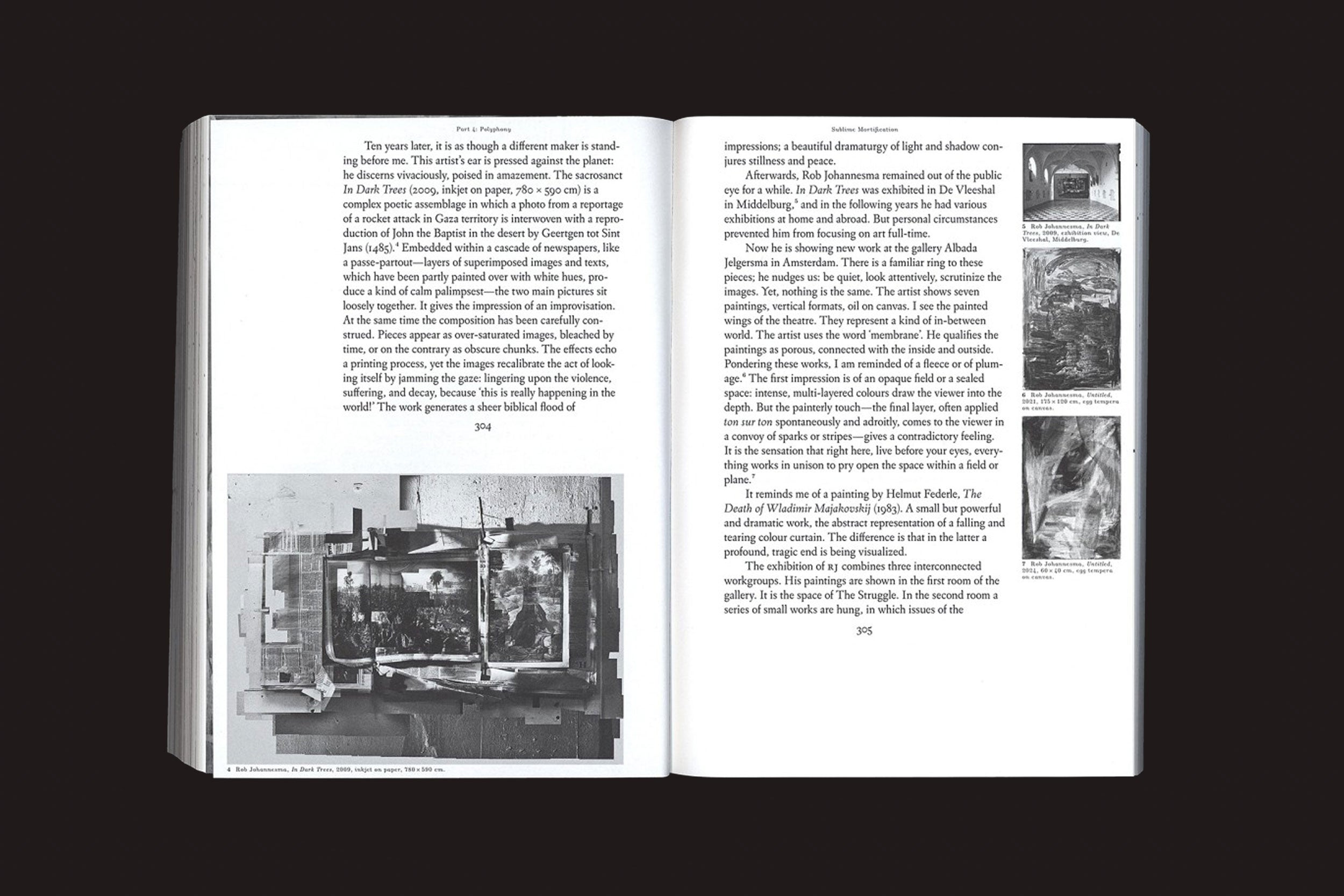 Um livro aberto de "Beautiful Madness - Art Writing as Art Curating: Mark Kremer" de Valiz mostra o texto, uma foto grande em preto e branco na página esquerda e três imagens menores em preto e branco na página direita - ideal para entusiastas da curadoria de arte e da escrita.