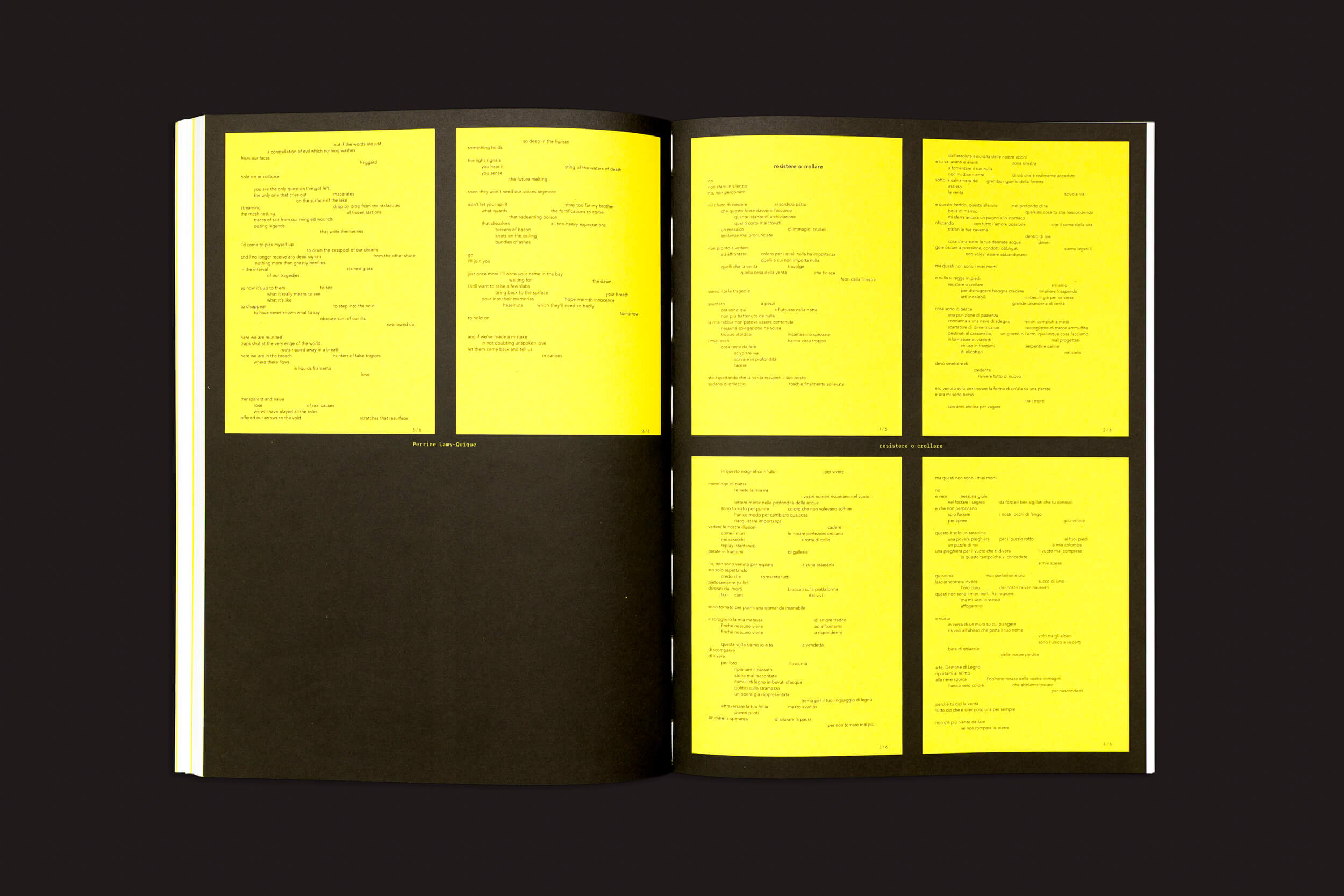 Um livro aberto intitulado "CALAMITA/À – Uma investigação sobre a catástrofe de Vajont: v/a" da Fw:Books exibe seis painéis retangulares amarelos com pequenos textos pretos em listas em páginas pretas, evocando uma pesquisa artística do desastre de Vajont.