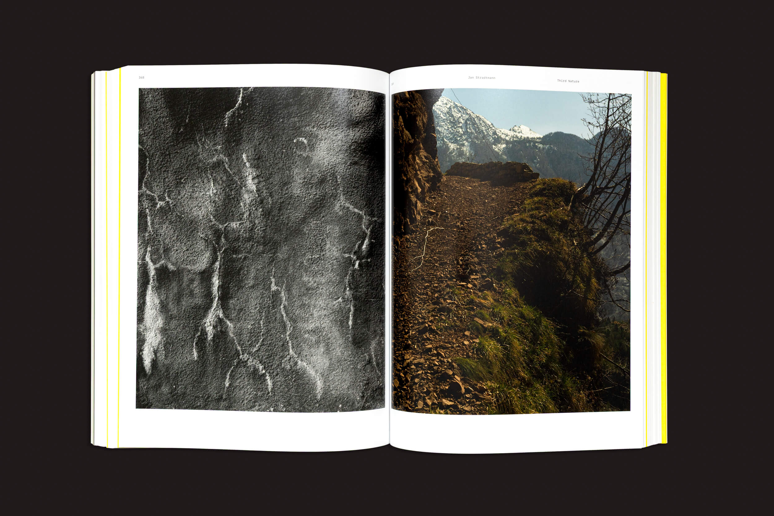 Uma cópia aberta de CALAMITA/À – Uma investigação sobre a catástrofe de Vajont: v/a, da Fw:Books, exibe terra rachada na página esquerda e uma trilha rochosa e verde na montanha à direita — ideal para um projeto de pesquisa artística.