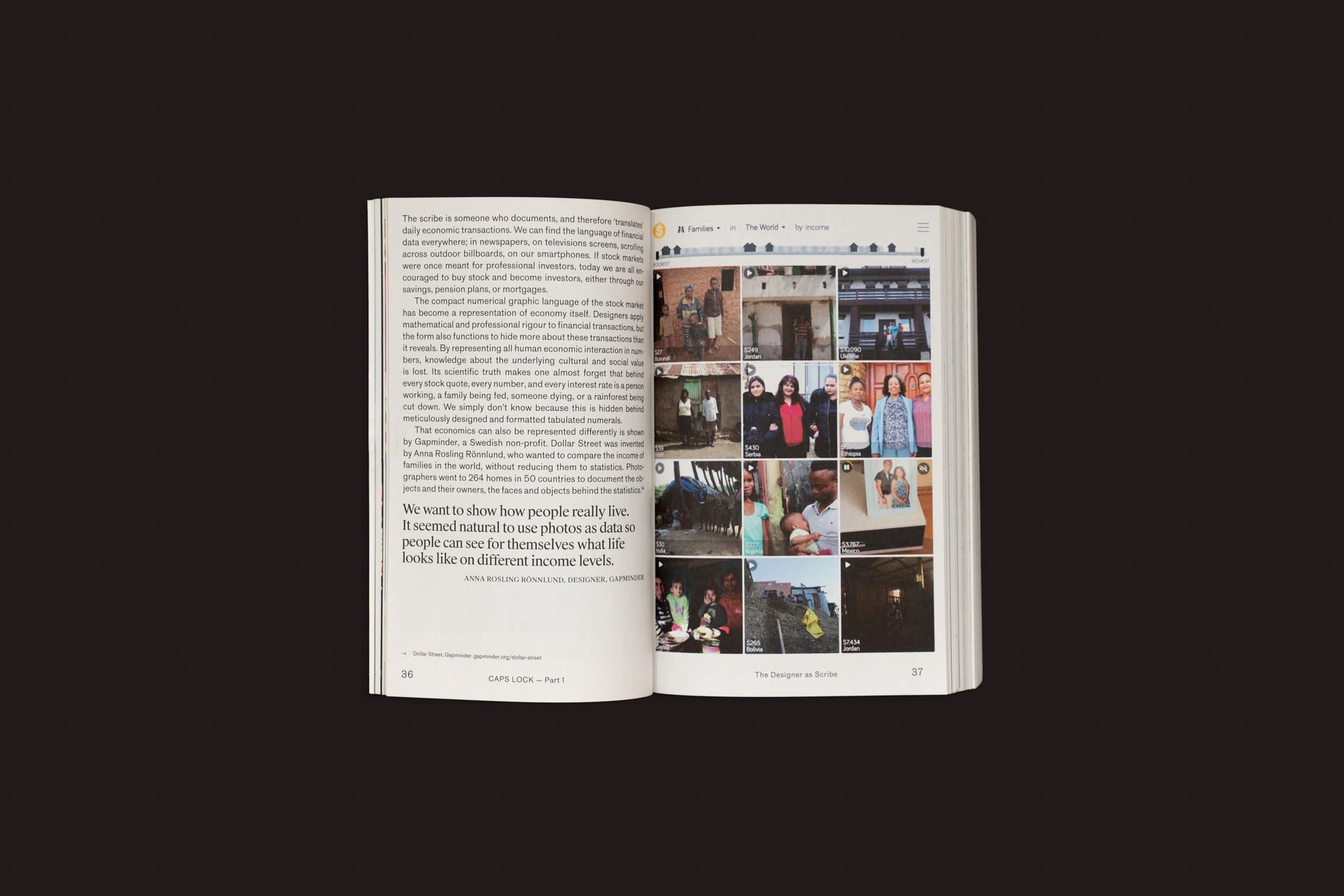 Um livro aberto, colocado contra um fundo preto, exibe texto à esquerda e uma grade de fotos à direita. Ele exibe "Caps Lock - How Capitalism Took Hold of Graphic Design, and how to Escape from it" de Ruben Pater, destacando práticas socialmente conscientes. Publicado por Valiz.