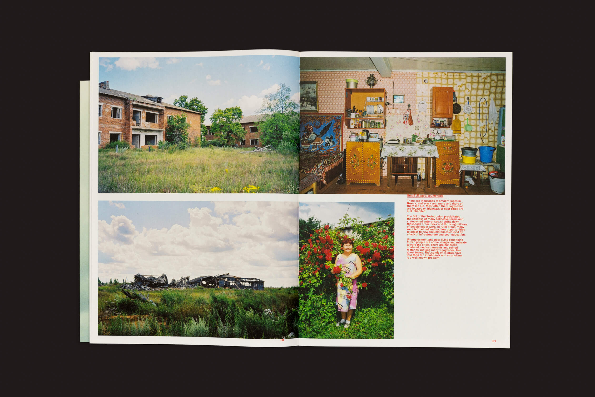 Um livro aberto de Toma Gerzha: Control Refresh de The Eriskay Connection exibe quatro imagens. Superior esquerdo: prédios de tijolos abandonados com grama alta; superior direito: uma cozinha desorganizada e colorida; inferior esquerdo: ruínas em um campo gramado; inferior direito: uma criança diante de flores vermelhas vibrantes.