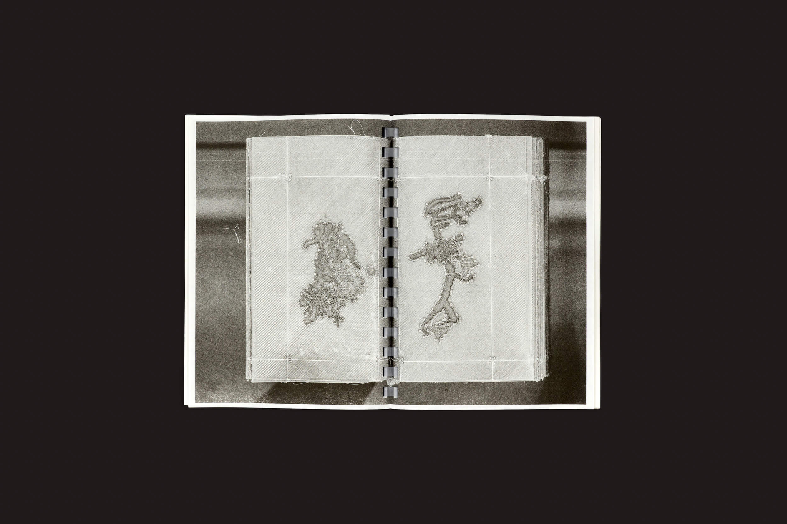 Em um fundo escuro, Darius Ou: Corpus da Temporary Press é um livro aberto encadernado em espiral exibindo a criatividade do designer gráfico Darius Ou. A página da esquerda tem uma forma abstrata texturizada, e a da direita mostra um humanoide andando, ambos gravados em folhas transparentes que lembram impressão 3D.