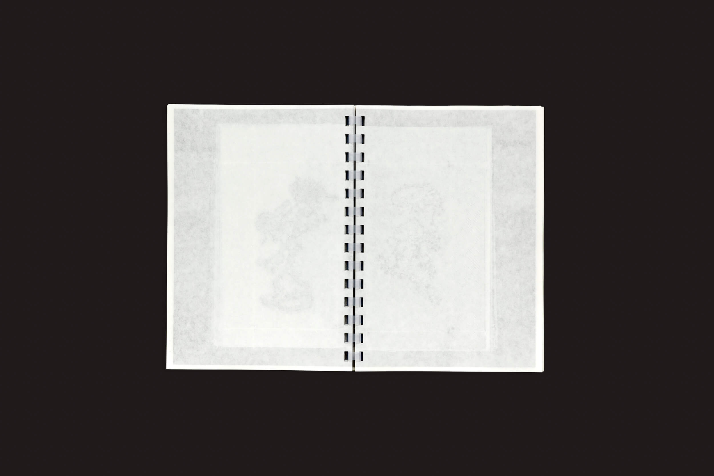 Um livro branco encadernado em espiral com páginas translúcidas, que lembra Darius Ou: Corpus, repousa sobre um fundo escuro. Criado pela Temporary Press, seus padrões borrados revelam sutilmente imagens ou texto tênues, evocando uma narrativa enigmática.