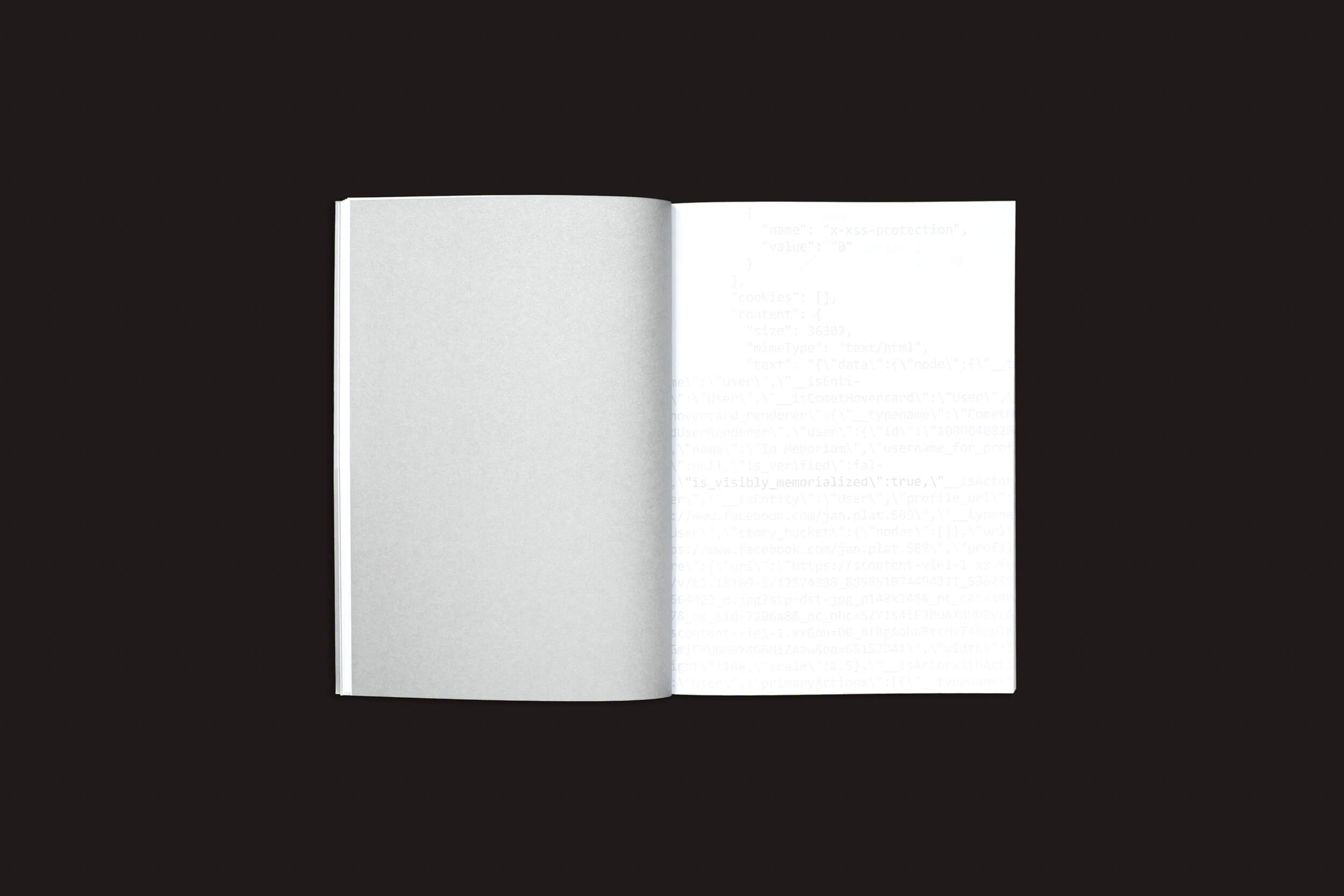 Um livro intitulado "Death Design Data" de Cecilia Casabona e Ginevra Petrozzi, da Onomatopee, repousa aberto sobre um fundo preto. Sua capa cinza simples e páginas sutilmente contornadas convidam à exploração do mundo da morte digital.