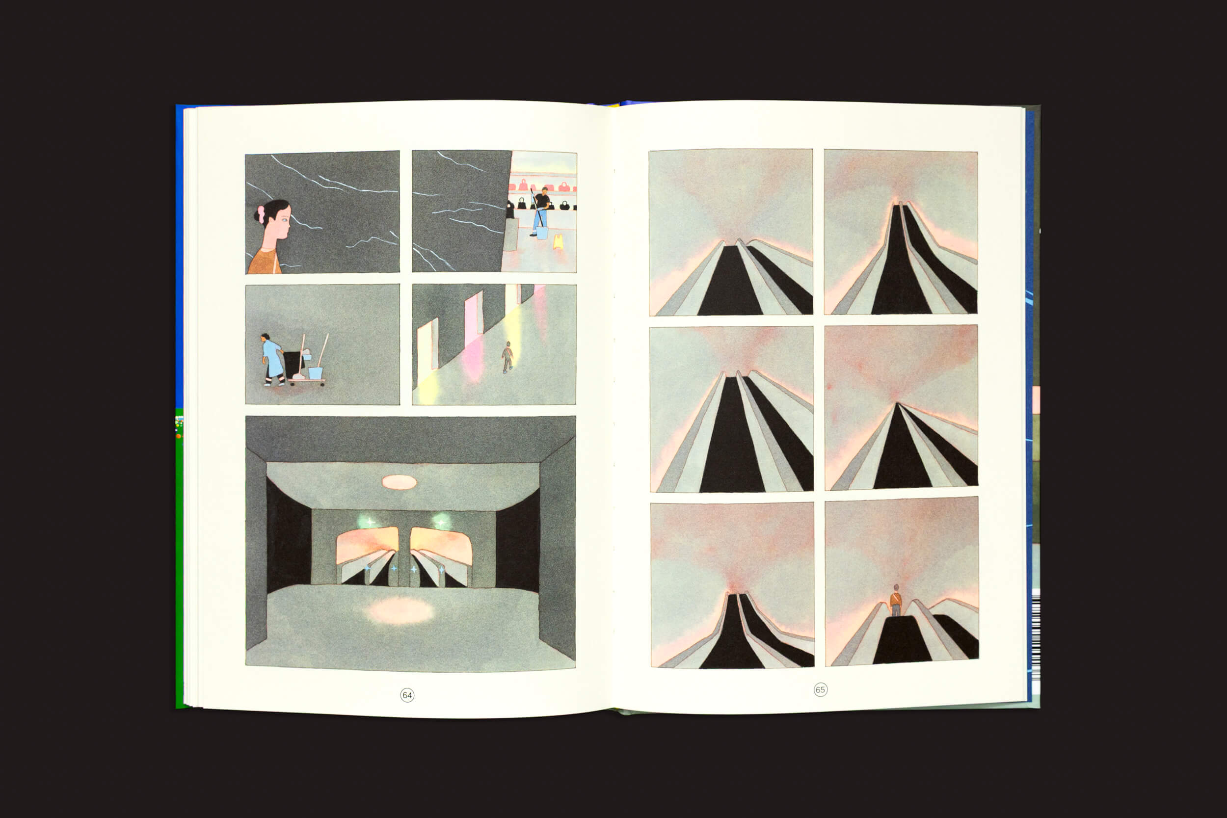 André Derainne: Des fourmis dans les jambes, da Fidéle Editions, abre com painéis cômicos de pessoas pintando e observando arte à esquerda, com uma estrada para uma montanha sob um céu rosa e uma figura solitária à direita.