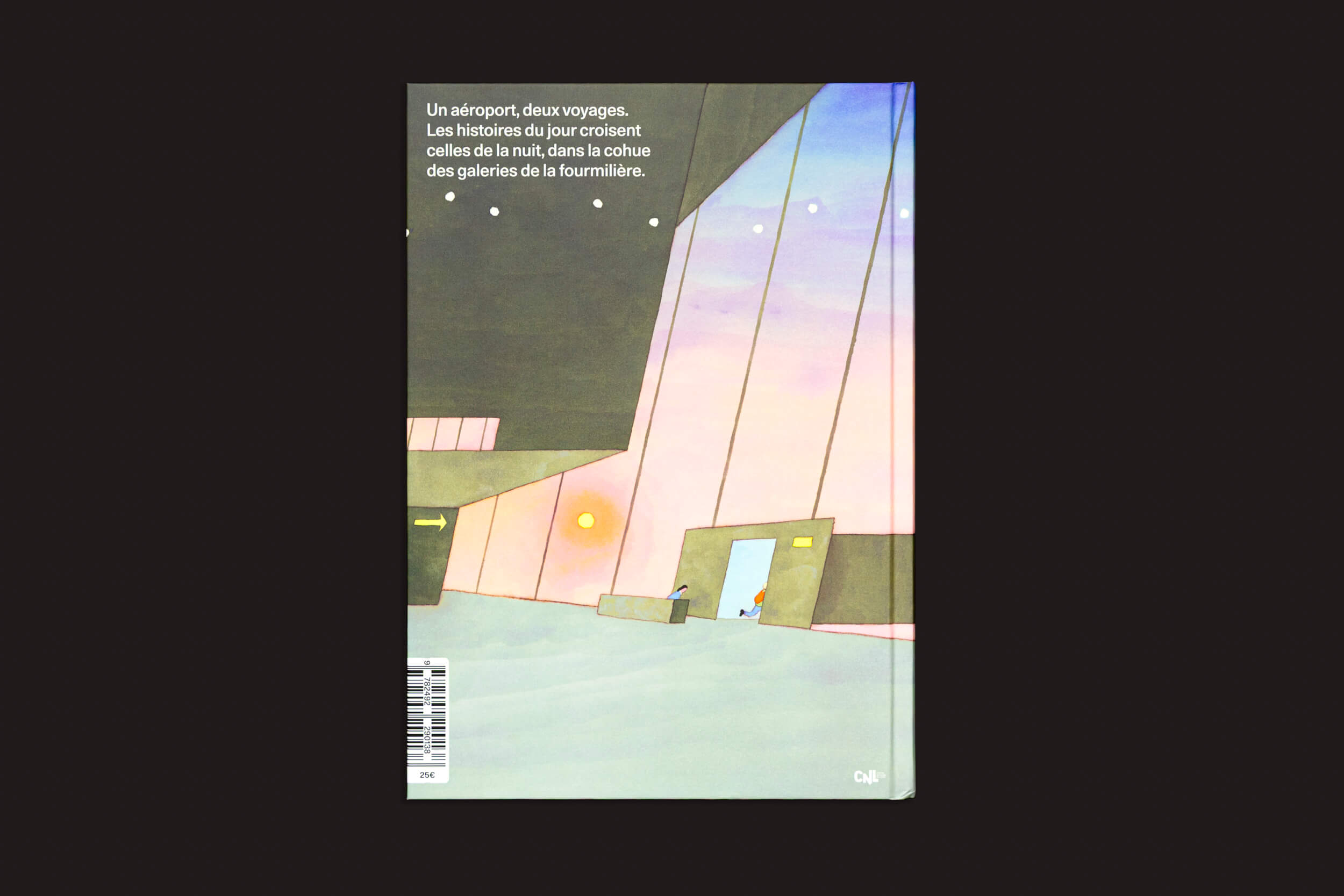 A capa do livro "André Derainne: Des fourmis dans les jambes", da Fidéle Editions, apresenta uma arte abstrata em pastel de um aeroporto com grandes janelas, portas, uma pequena figura e texto em francês destacando histórias interligadas do aeroporto.