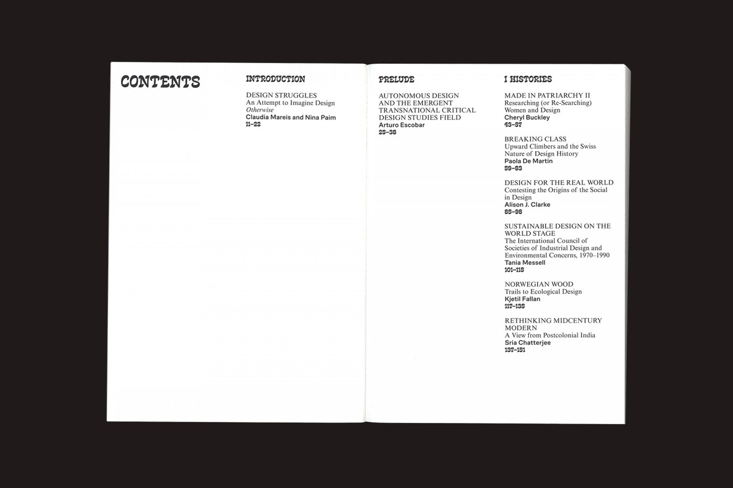 O índice de "Design Struggles - Intersecting Histories, Pedagogies, and Perspectives" de Claudia Mareis e Nina Paim (Valiz) ocupa duas páginas, listando seções, títulos de artigos, autores e números de páginas em preto e branco.