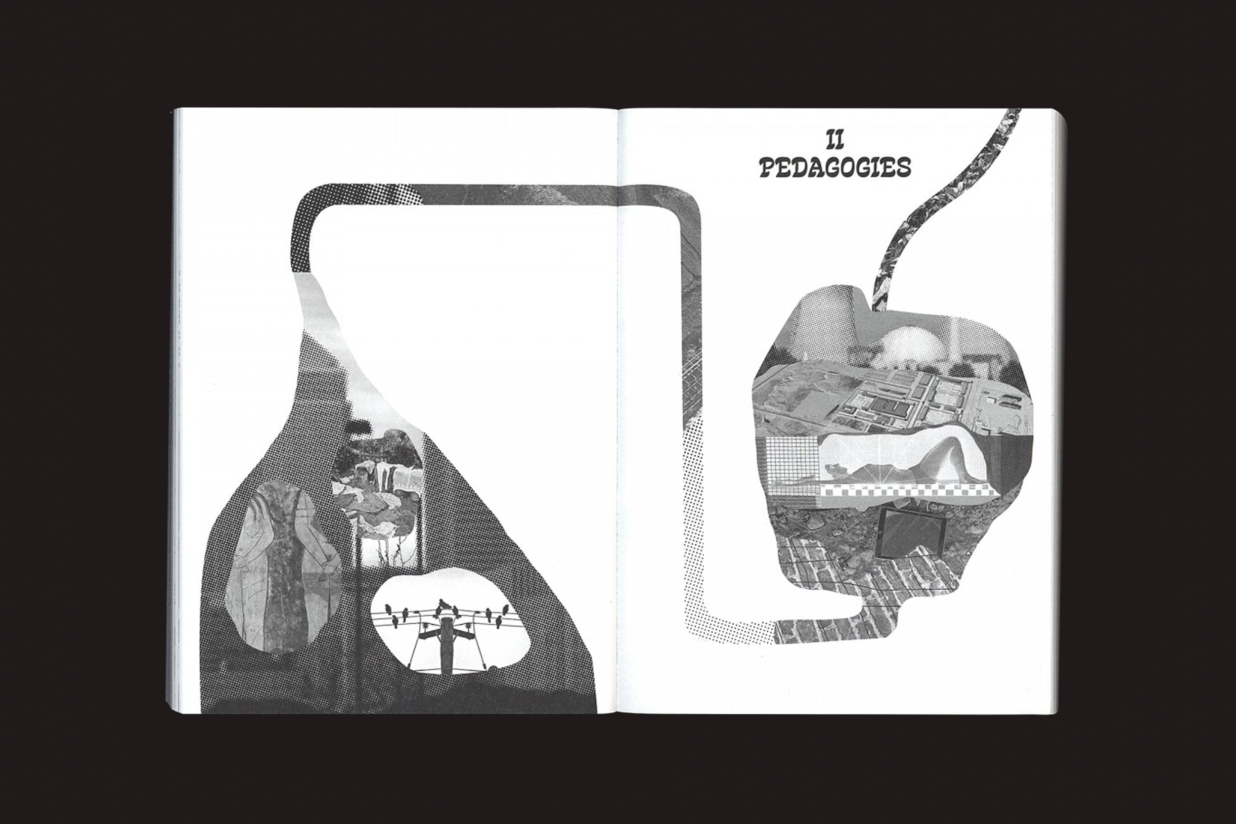 Uma ilustração em preto e branco na capa de "Design Struggles - Intersecting Histories, Pedagogies, and Perspectives" de Claudia Mareis & Nina Paim (Valiz) mostra duas formas abstratas ligadas por uma linha fluida, com imagens arquitetônicas e elementos de design.