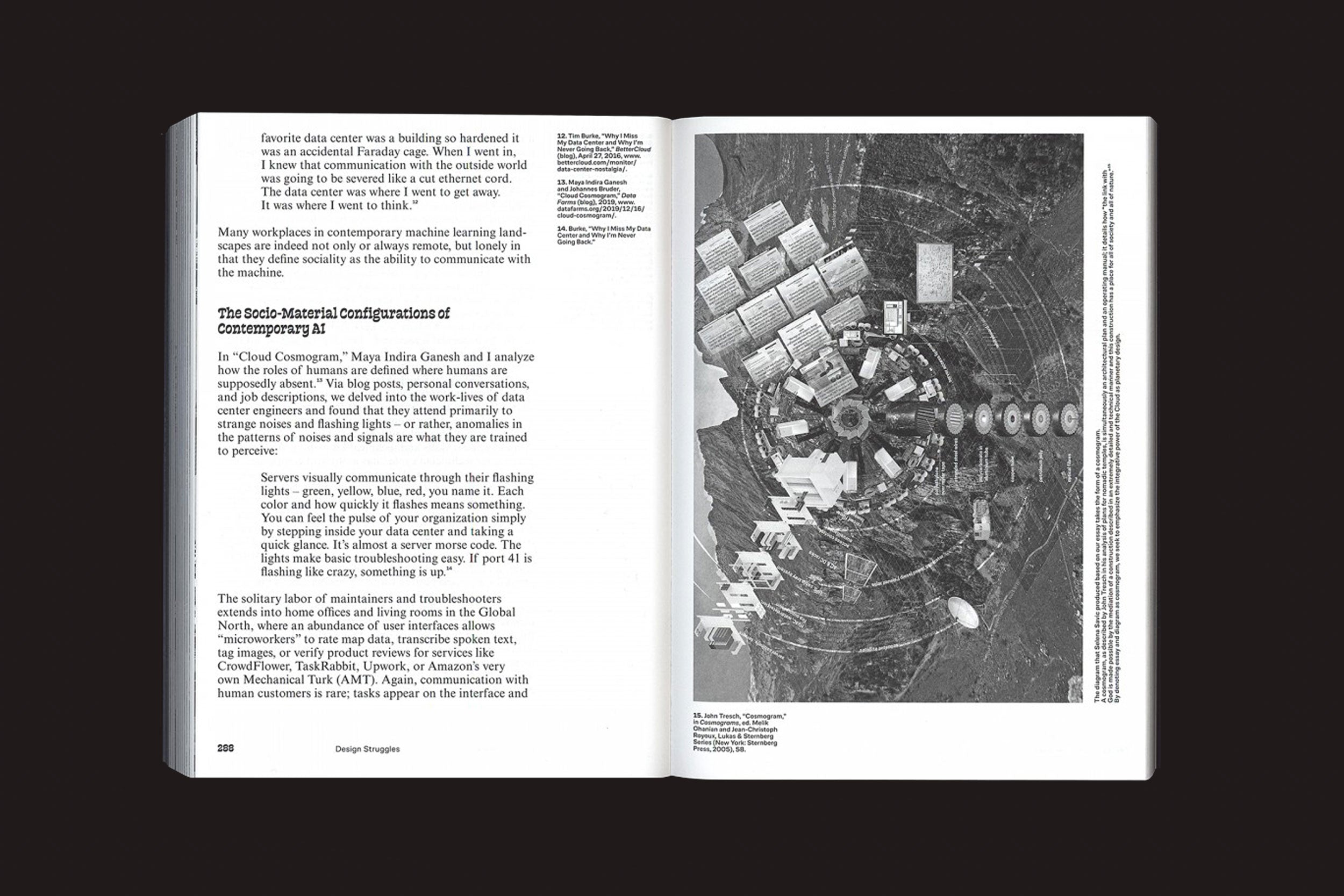 Uma cópia aberta do livro "Design Struggles - Intersecting Histories, Pedagogies, and Perspectives", de Claudia Mareis e Nina Paim, de Valiz, revela o texto e um diagrama aéreo do edifício, destacando as discussões sobre injustiça e transformação no design.