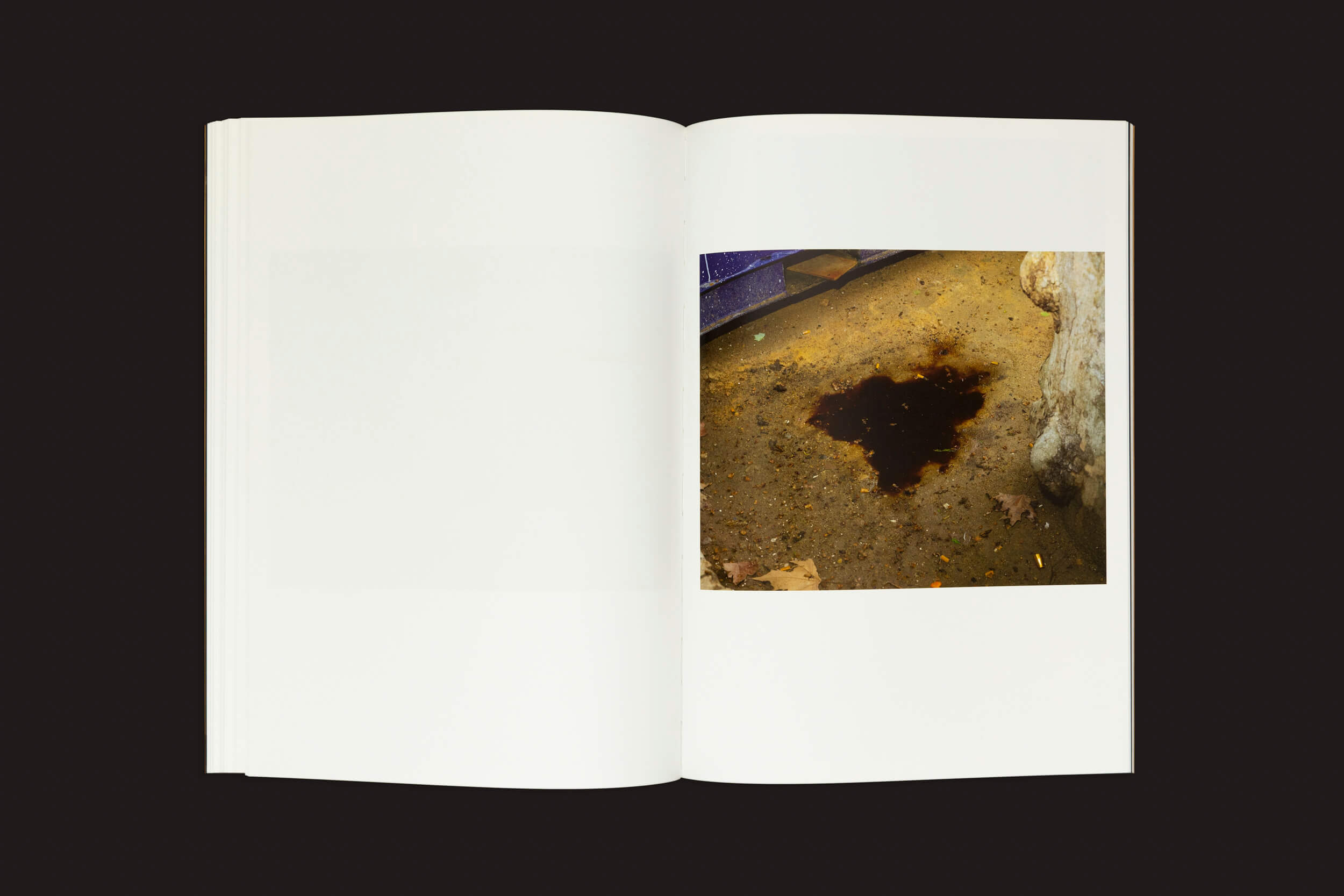 Em Felipe Romero Beltrán: Dialect de Loose Joints, uma fotografia revela uma mancha escura e irregular em solo arenoso — um símbolo assustador de violência estatal. A página branca e rígida acentua o livro contra seu fundo preto sólido.