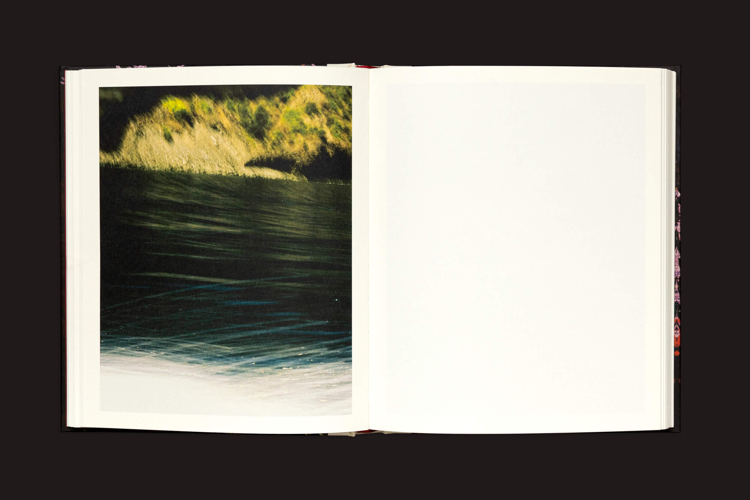 Uma cópia aberta de Pia Riverola: Días de Loose Joints está sobre uma superfície escura. A página da esquerda exibe uma fotografia de uma costa borrada com água e grama, evocando imagens sonhadoras, enquanto a página da direita em branco convida a uma experiência sensorial em silêncio.