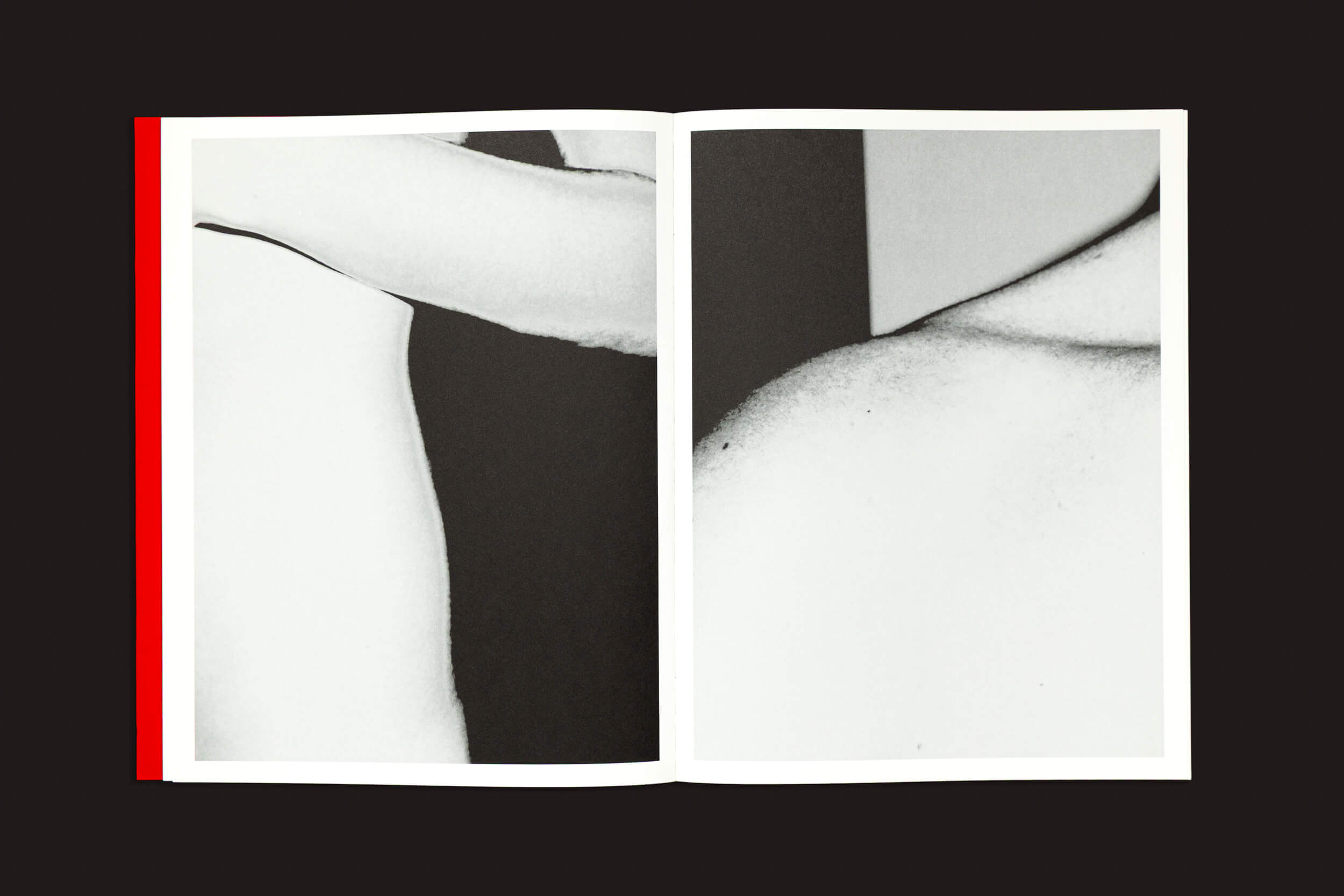 Abra "Yurian Quintanas Nobel: Dream Moons", da Void, que apresenta fotos abstratas em preto e branco de pele humana sobre um fundo escuro. A página da esquerda apresenta uma curva, a da direita mostra um ombro e a lombada vermelha adiciona surrealismo, evocando um sonho bizarro.