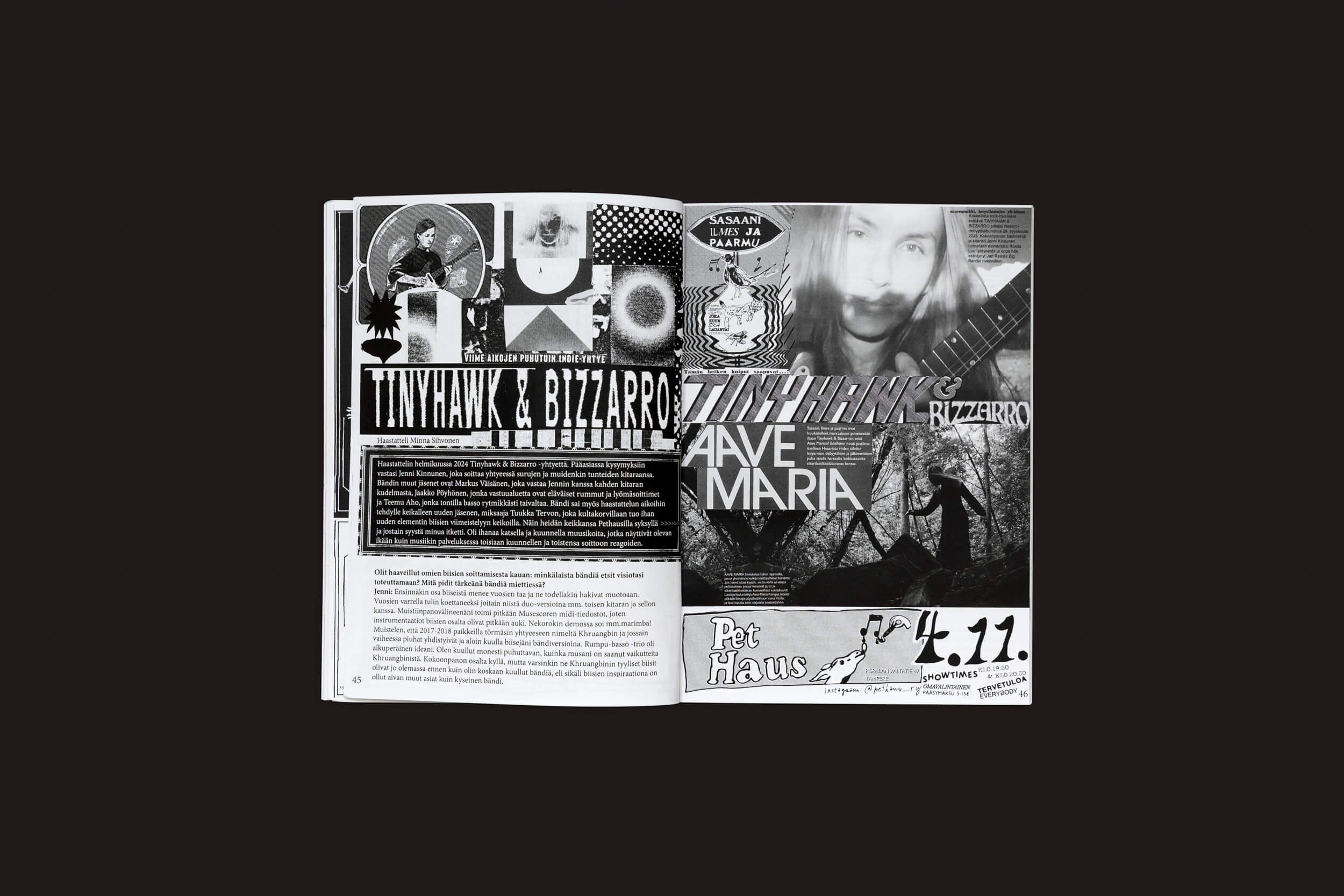 Uma revista aberta sobre um fundo preto mostra gráficos em preto e branco no estilo colagem — formas abstratas, uma guitarra, rostos e texto grande — Edistyksen Voima #10: v/a, uma revista ousada da Ultraääni inspirada na cena musical da Finlândia.