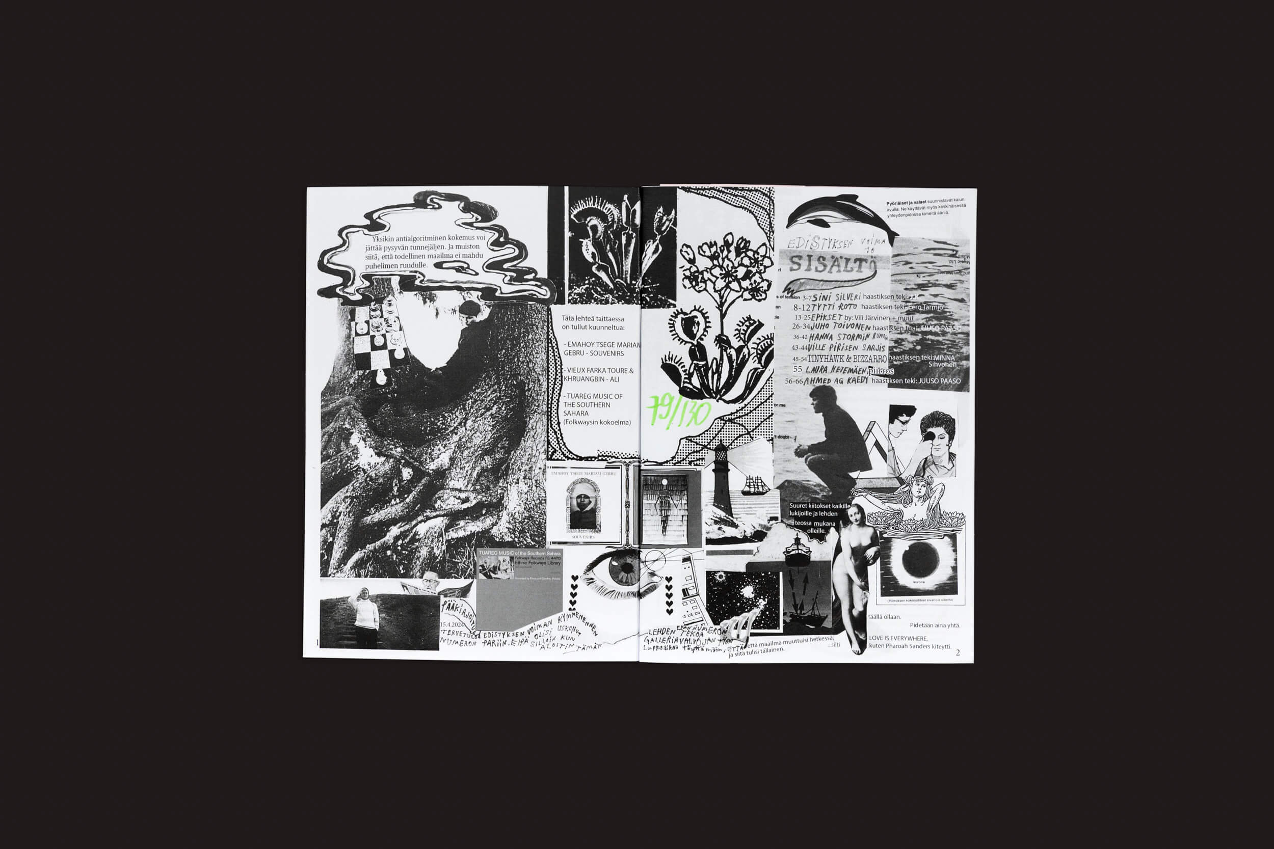 Uma página aberta de Edistyksen Voima #10: v/a de Ultraääni, mostrando uma colagem caótica de fotos em preto e branco, texto e desenhos abstratos em páginas brancas — tudo sobre um fundo preto sólido, refletindo a energia bruta do zine.