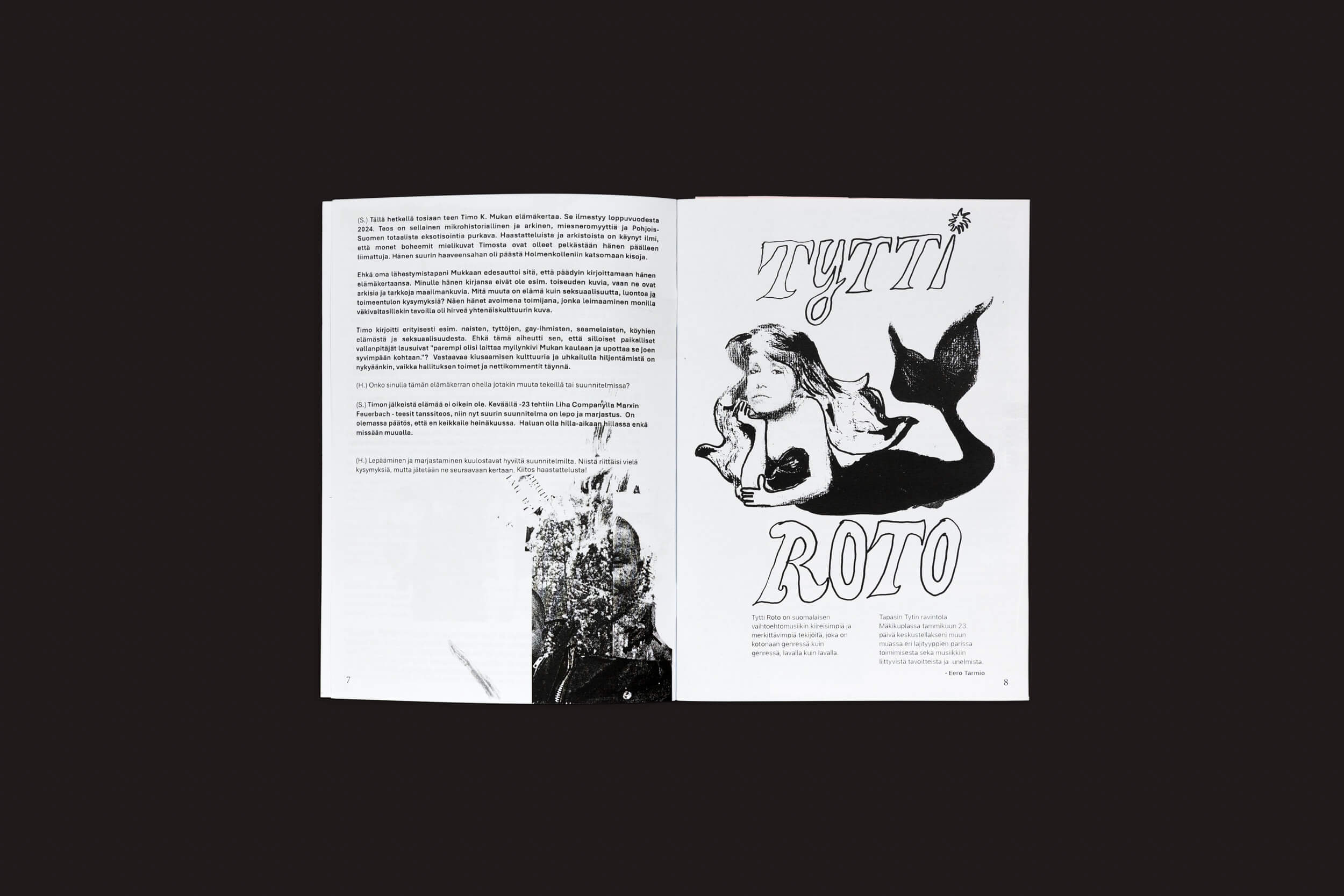 Um livreto aberto em preto apresenta texto e uma imagem distorcida à esquerda, enquanto à direita destaca Edistyksen Voima #10: v/a, uma ilustração de sereia e a marca ousada da Ultraääni, evocando o estilo do zine finlandês.