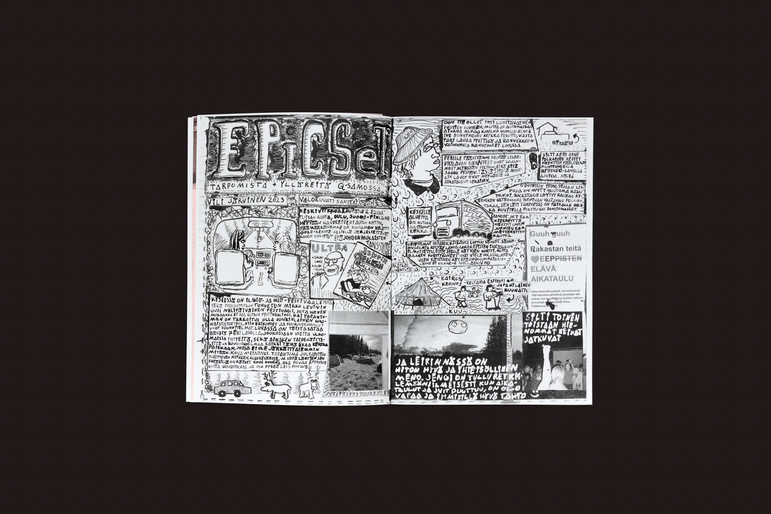 Uma revista aberta, Edistyksen Voima #10: v/a, de Ultraääni, exibe ilustrações em preto e branco feitas à mão, rabiscos e texto manuscrito em ambas as páginas. O fundo preto sólido destaca um layout de colagem e apresenta uma entrevista.