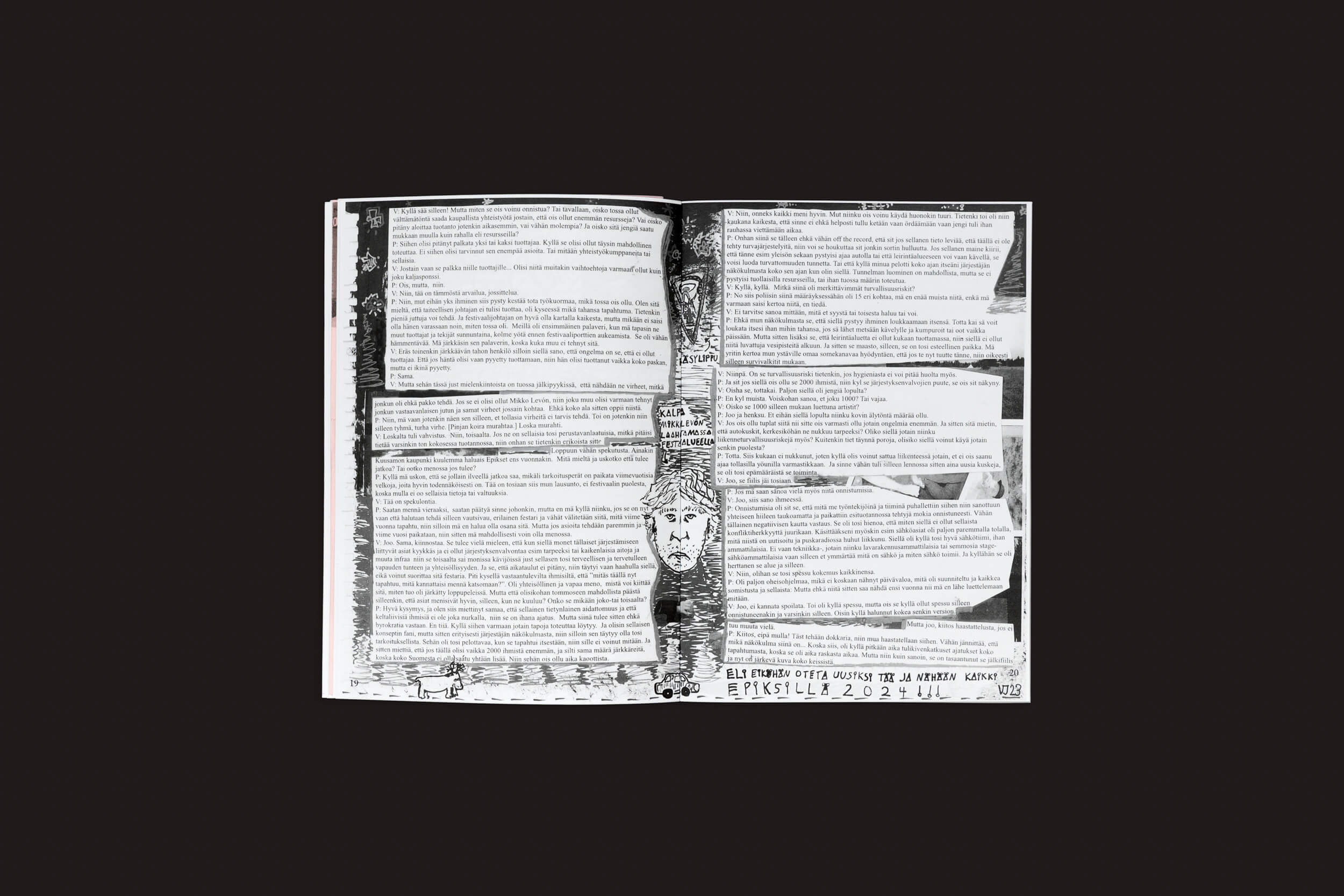 Edistyksen Voima #10: v/a by Ultraääni é uma revista finlandesa aberta com texto e ilustrações em estilo colagem em preto e branco, blocos de texto recortados, um rosto de cabeça para baixo no centro e uma entrevista com Juho Toivonen.