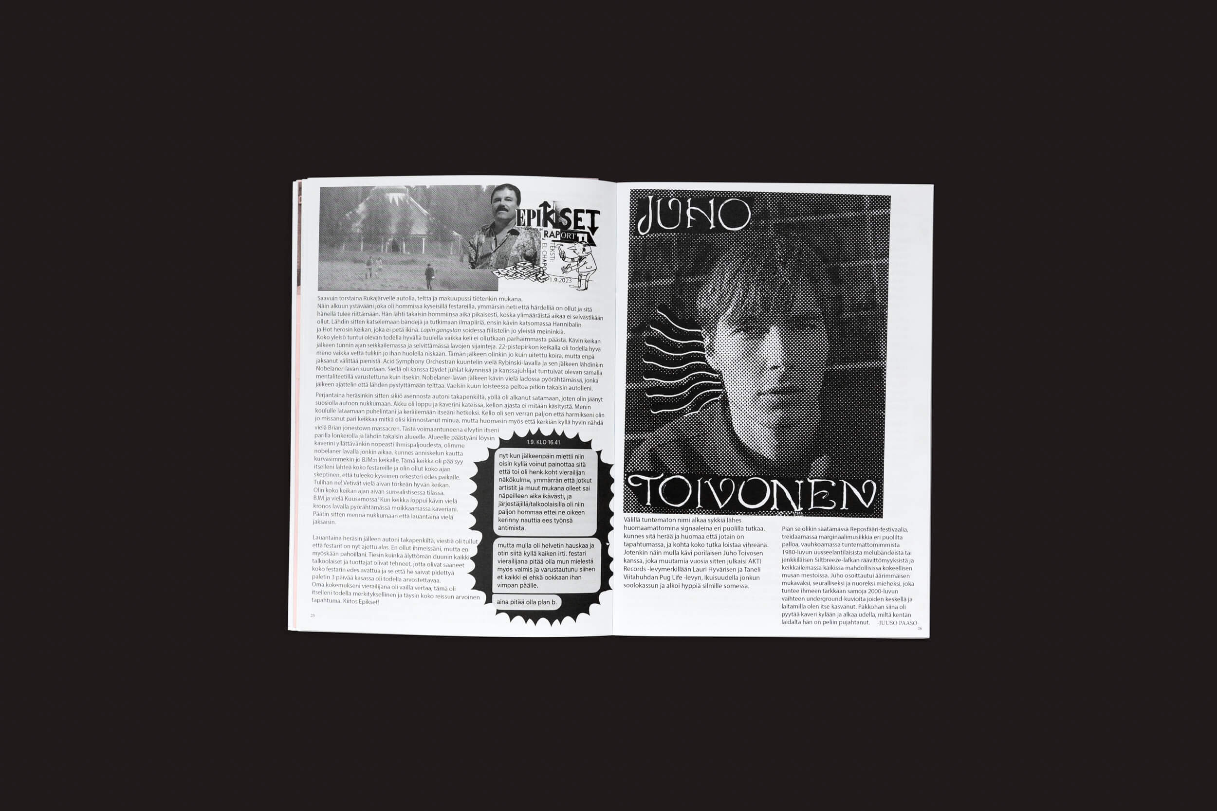 Uma página aberta do Edistyksen Voima #10: v/a de Ultraääni exibe texto e fotos em preto e branco, com um retrato rotulado como “Juho Toivonen” — este zine finlandês destaca design gráfico, artigos e uma entrevista com Juho Toivonen.