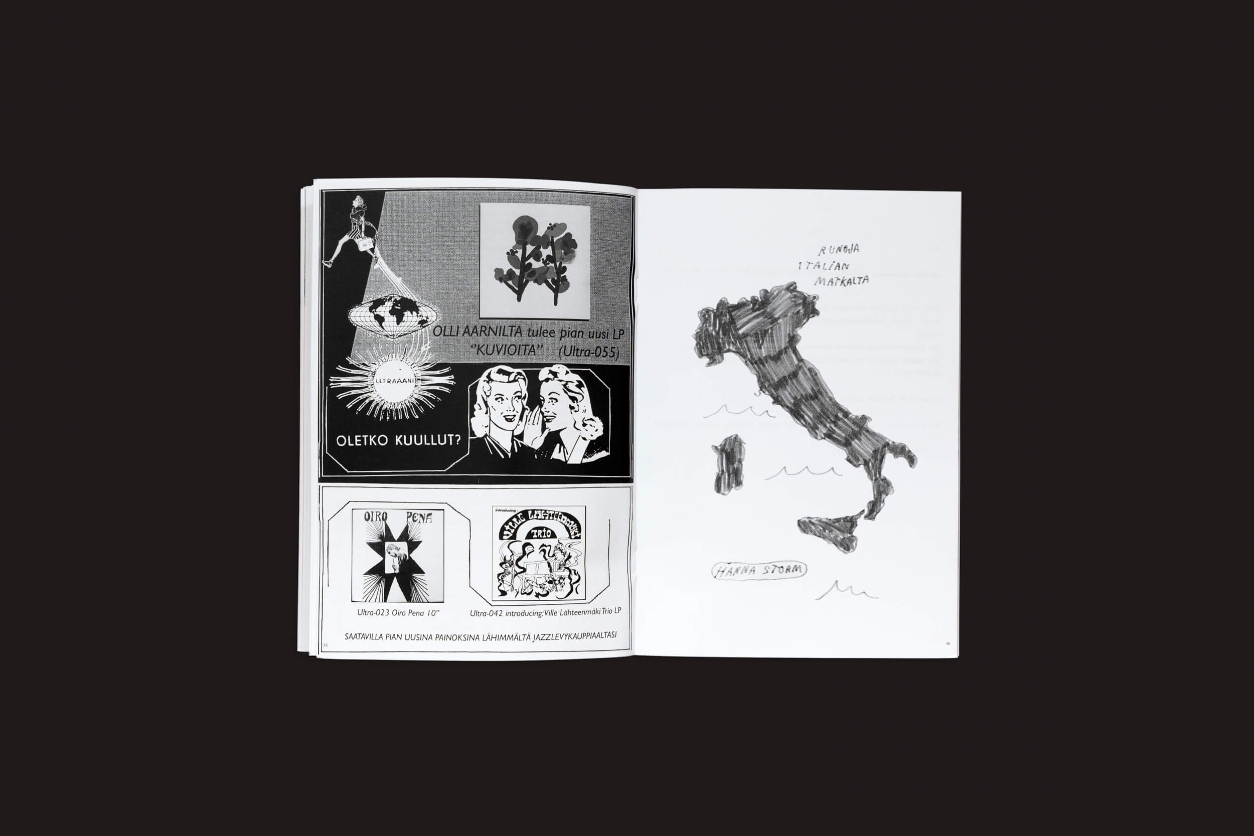 Um livro aberto com arte em preto e branco e um mapa da Itália desenhado à mão, rotulado como "Itália" e "Golfo di Stromboli", remete ao estilo zine finlandês — uma escolha ideal para fãs do Ultraääni ou colecionadores da Edistyksen Voima #10: v/a.