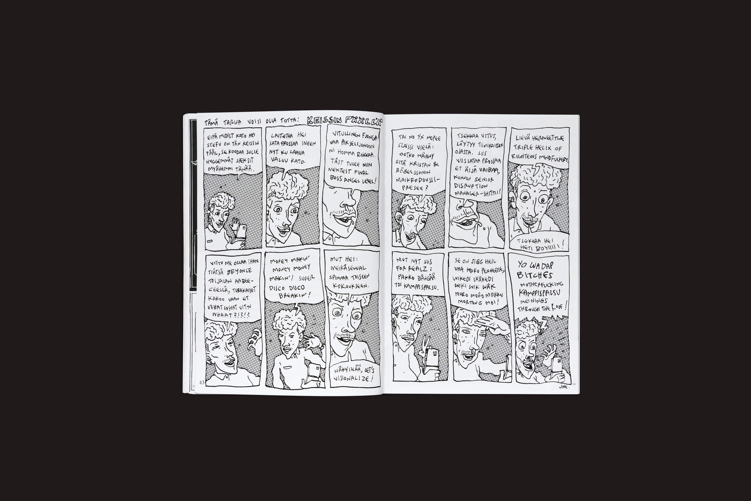 Uma história em quadrinhos aberta da Edistyksen Voima #10: v/a da Ultraääni exibe painéis em preto e branco com diálogos escritos à mão e personagens expressivos, em um fundo preto simples que lhe dá a sensação de uma revista finlandesa.