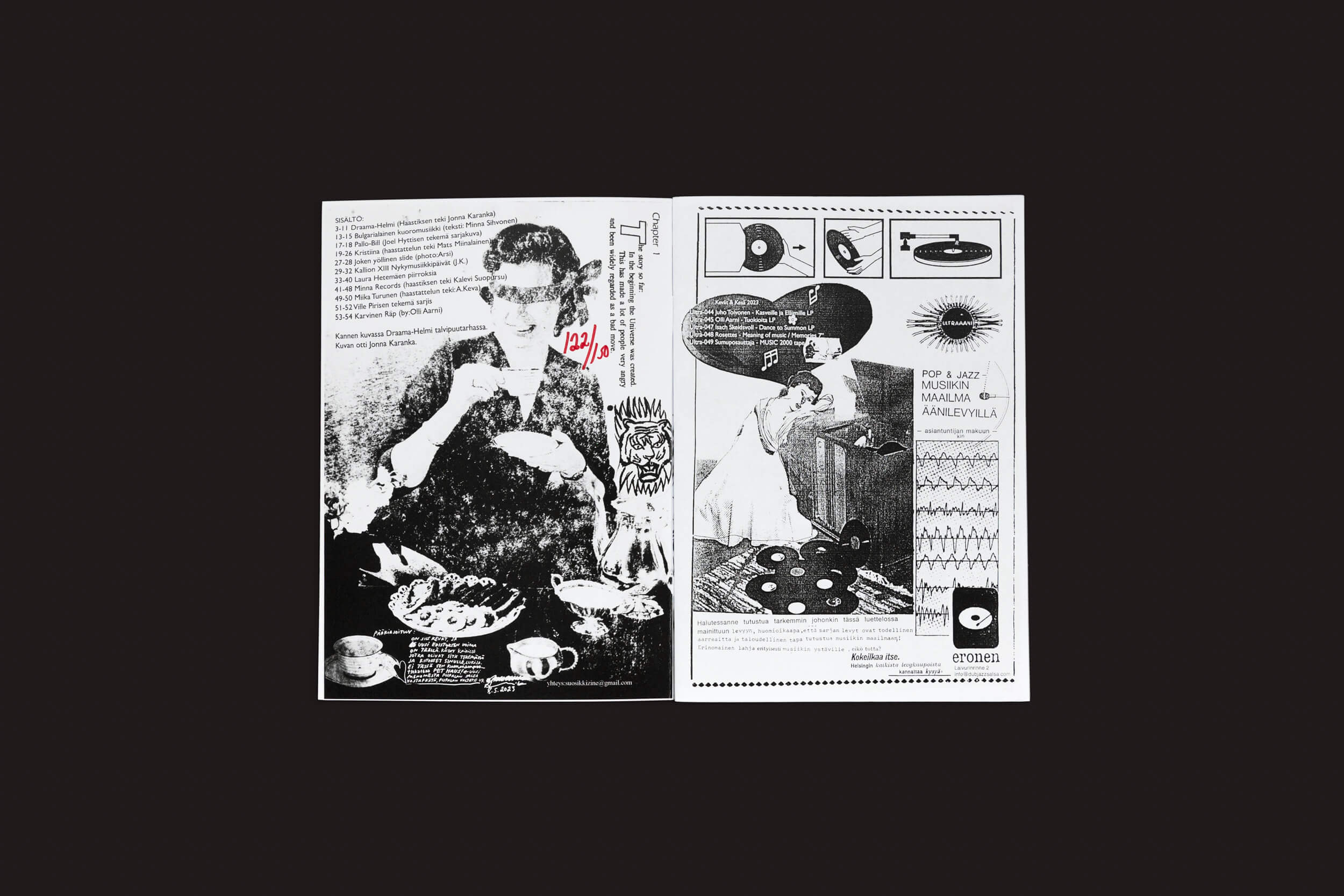 Edistyksen Voima #9: v/a de Ultraääni — dois fanzines em estilo colagem em preto e branco com recortes surreais e padrões geométricos, inspirados em ilustrações vintage e Música contemporânea — são exibidos lado a lado em um fundo preto simples.