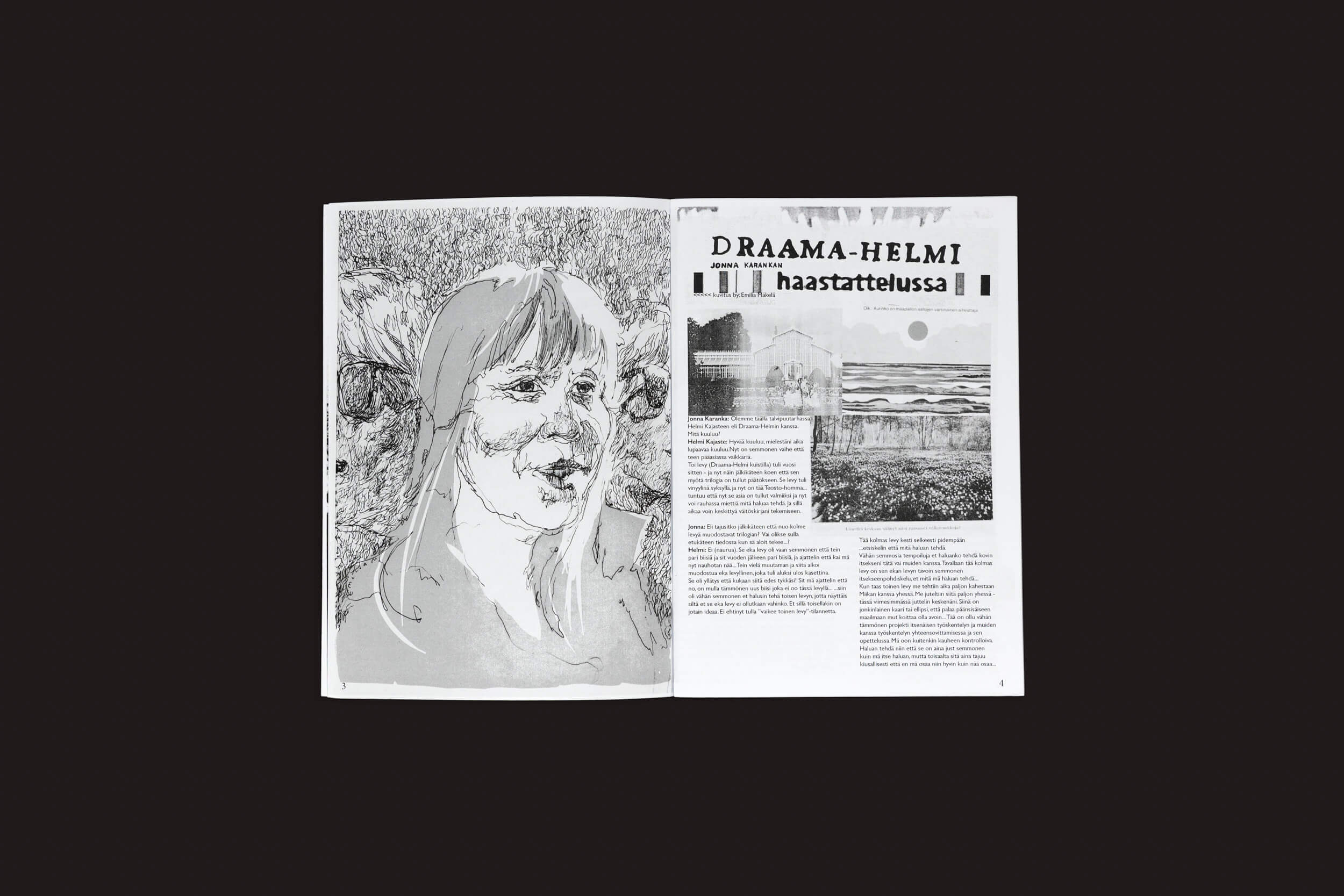 Uma Edistyksen Voima #9 aberta: v/a por Ultraääni; a página da esquerda mostra um retrato ilustrado, enquanto a da direita inclui texto finlandês, o título “DRAAMA-HELMI haastattelussa” e imagens de paisagens em preto e branco.