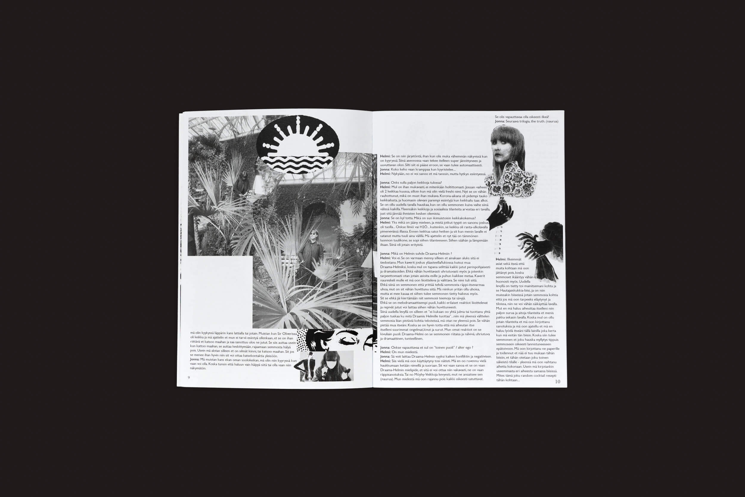 Uma revista aberta com texto em preto e branco e visuais artísticos — plantas, designs abstratos, um retrato de mulher, arte de pássaros — em preto sólido captura o estilo vanguardista da Edistyksen Voima #9: v/a by Ultraääni.