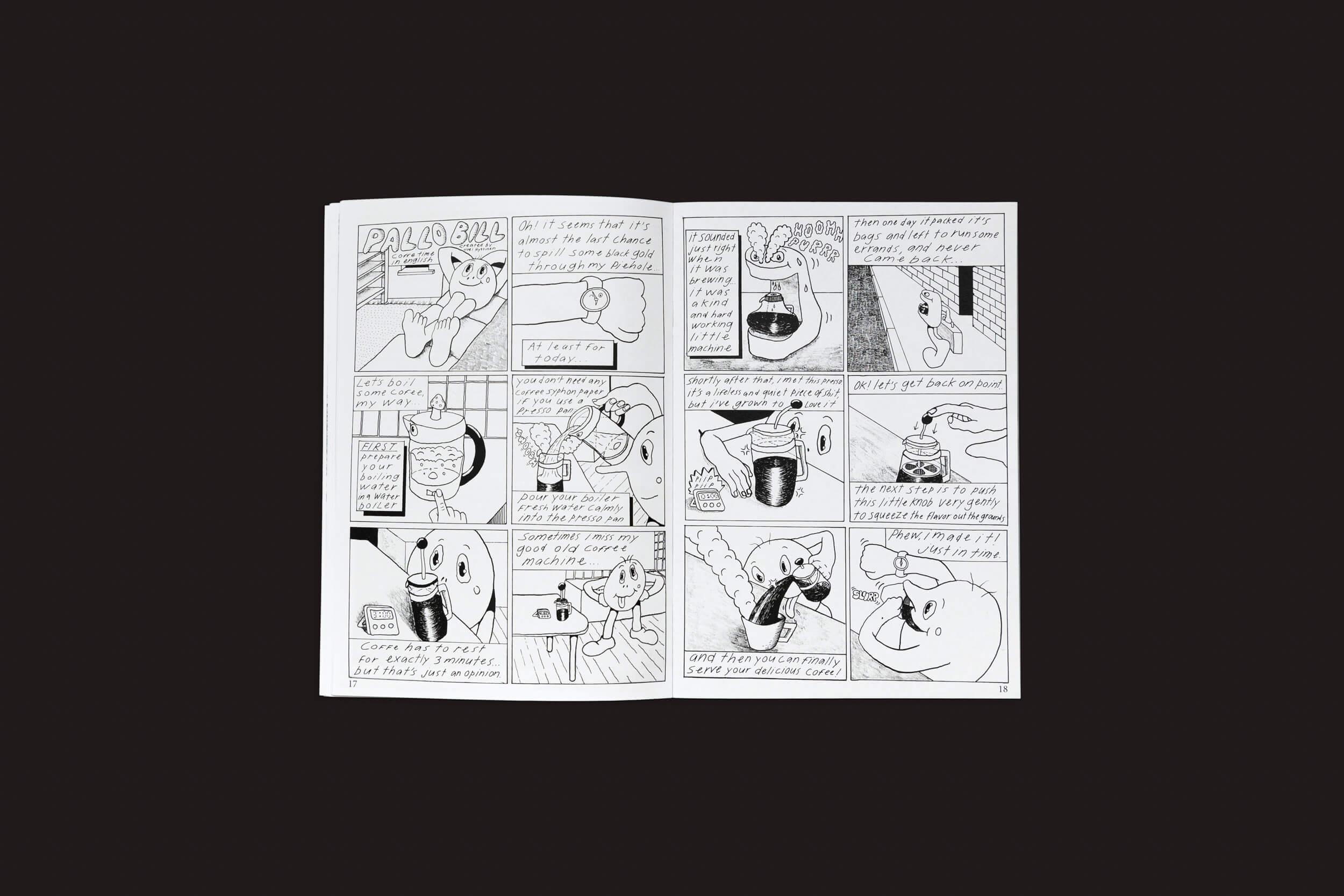 Edistyksen Voima #9: v/a de Ultraääni é uma história em quadrinhos aberta no estilo de uma revista finlandesa com arte em preto e branco e diálogos escritos à mão — página esquerda: dois personagens em uma mesa; direita: uma cena engraçada com uma xícara e uma criatura.