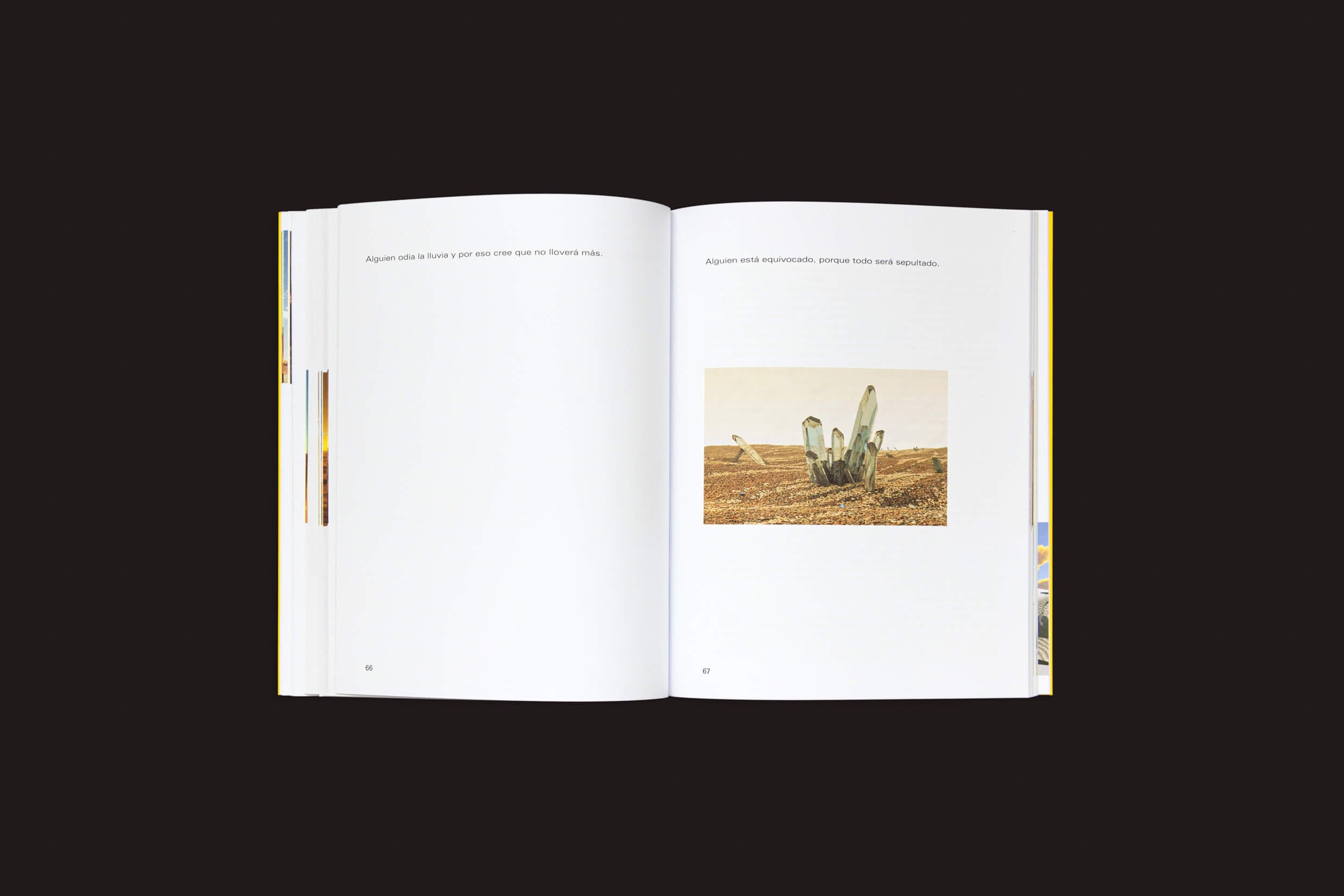 Um livro aberto intitulado El mundo es un tubo de Martín Bollati da SED Editorial, em um fundo preto. A página da esquerda mostra o texto no topo, enquanto a página da direita exibe uma foto de cacto em um cenário desértico, com texto acima discutindo gêneros híbridos.