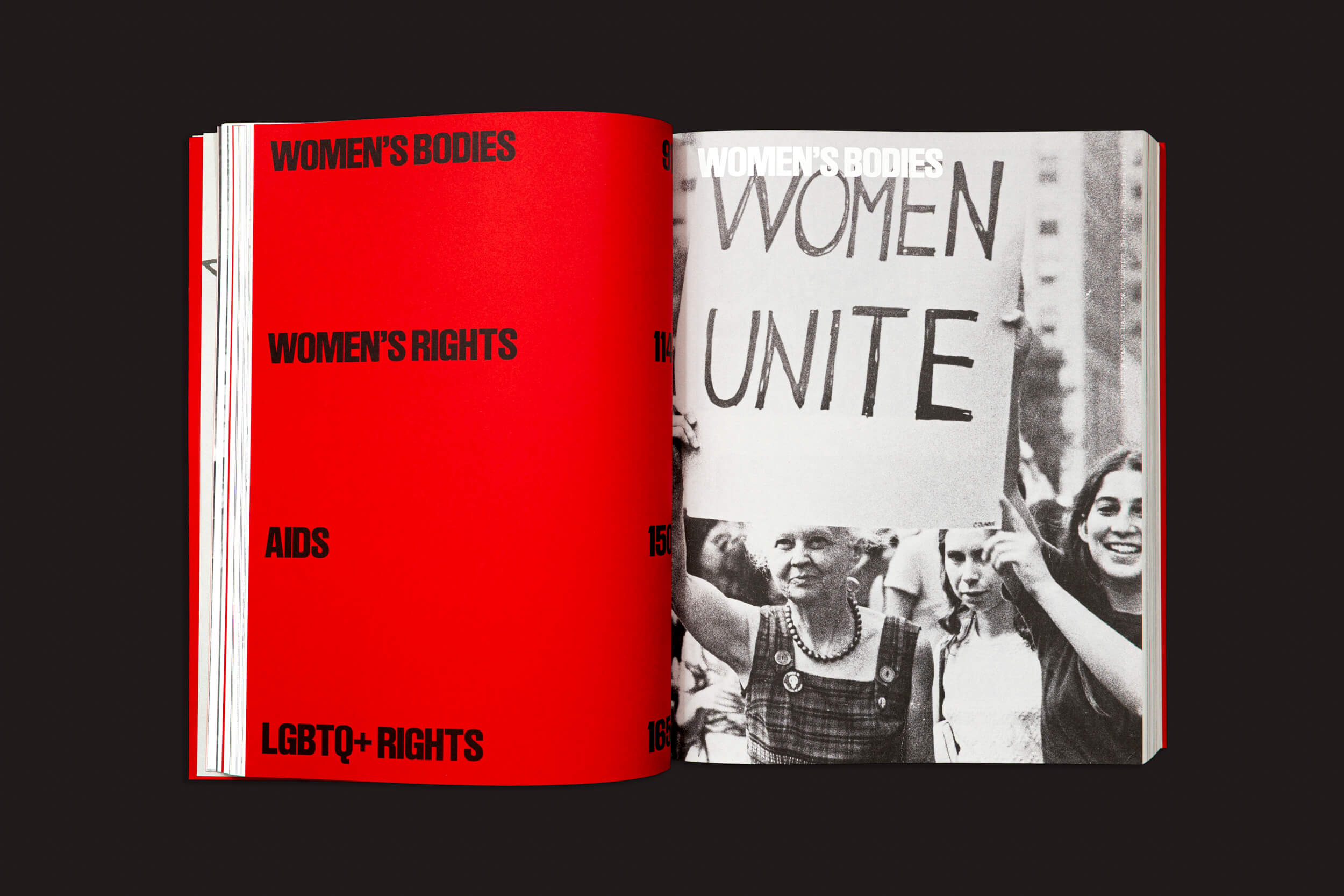 Um livro aberto da 10x10 Photobooks, "FLASHPOINT! Protest Photography in Print, 1950–Present", de Russet Lederman e Olga Yatskevich, exibe uma página vermelha listando tópicos como direitos das mulheres e questões LGBTQ+, ao lado de uma fotografia vívida de mulheres com uma placa da Women Unite em um protesto.