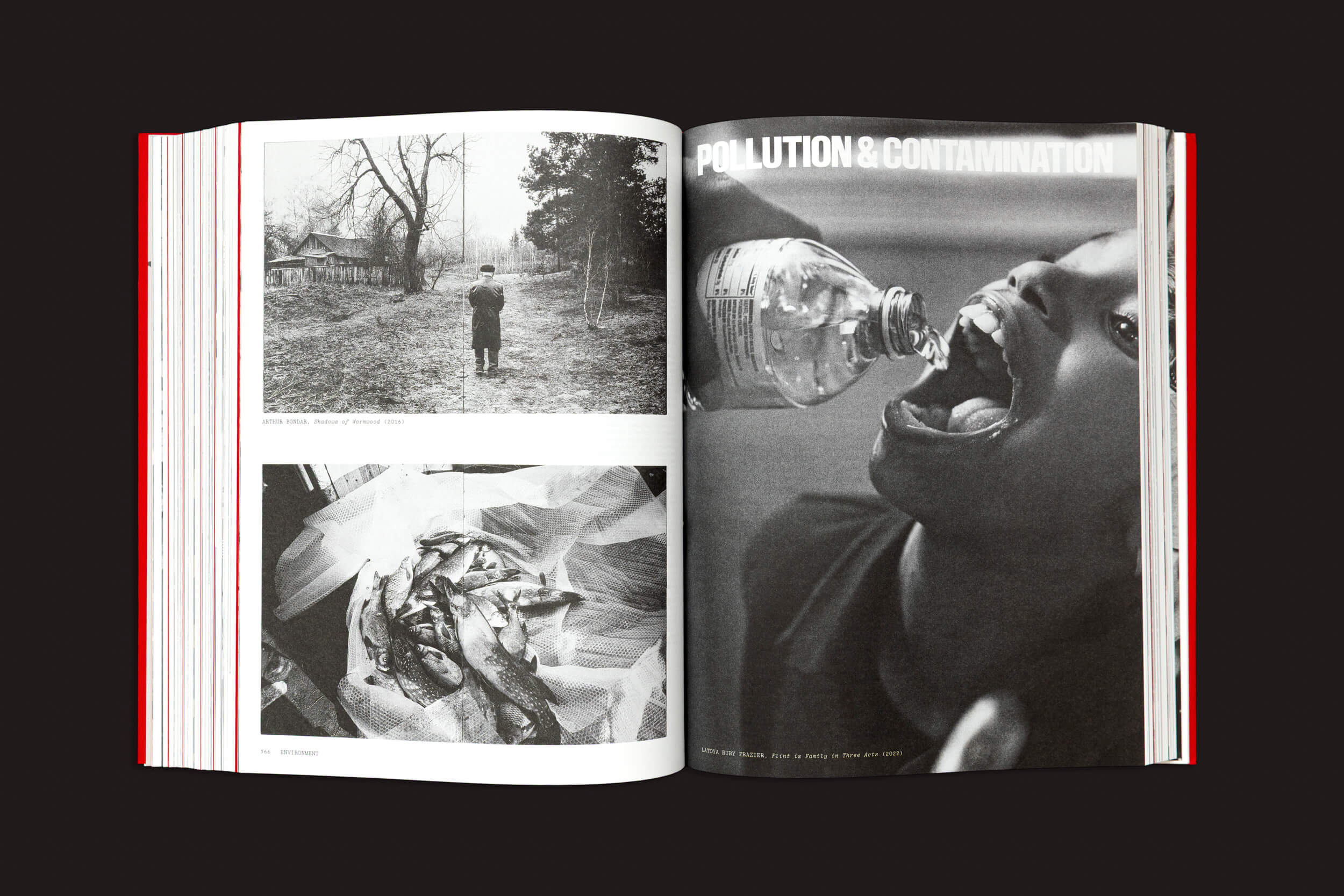 O fotolivro aberto, "FLASHPOINT! Fotografia de Protesto Impressa", exibe imagens em preto e branco. À esquerda: Uma pessoa em uma trilha de terra entre árvores e um peixe em plástico. À direita: Um close-up de uma garrafa de plástico, destacando temas ambientais por meio da coleção evocativa da 10x10 Photobooks.