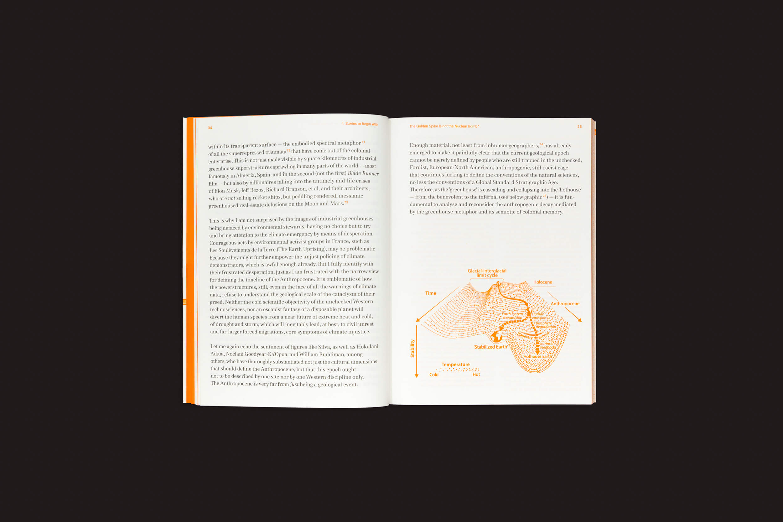 Um livro aberto revela duas páginas de texto com a página da direita mostrando uma ilustração de esboço laranja de um cérebro humano rotulado contra um fundo preto simples. Esta é uma imagem vibrante de *Greenhouse Stories: Laura Drouet, Olivier Lacrouts* por Onomatopee, onde ideias e conhecimento crescem como um jardim exuberante.